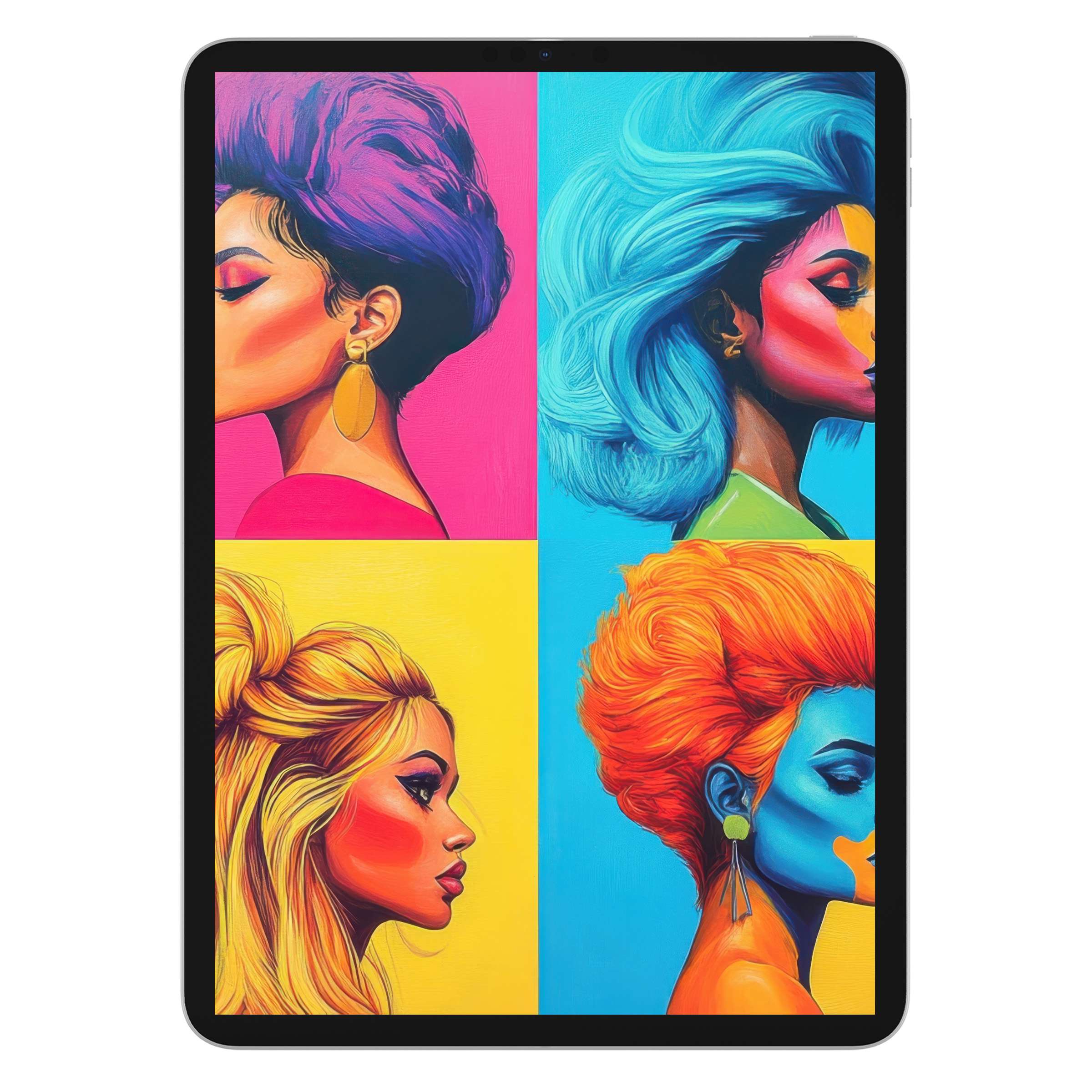 Pop art iPad wallpaper features vibrant portraits with bold colors and textures; perfect digital download for any tablet background