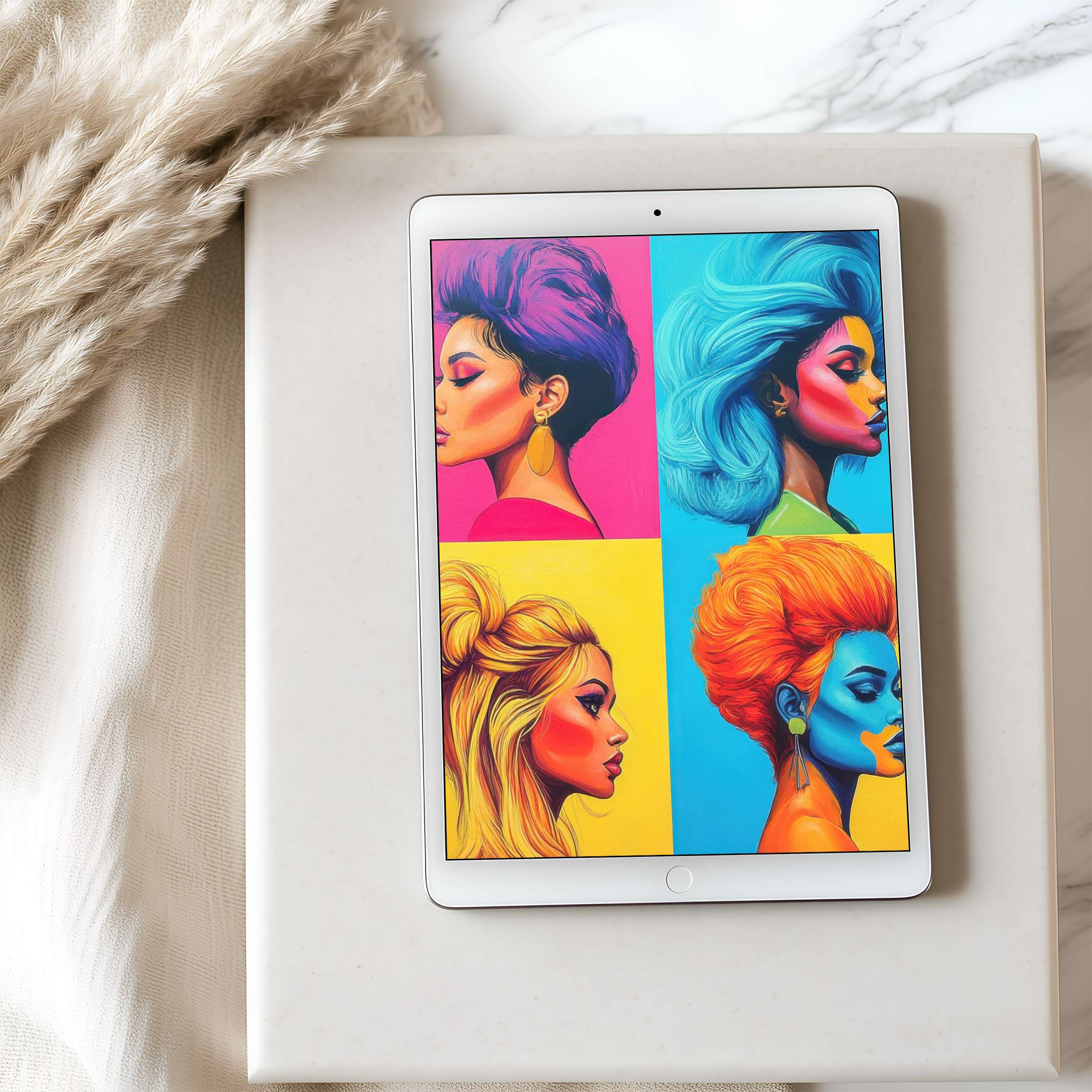 Vibrant pop art tablet wallpaper featuring colorful portraits enhances your iPad's elegance offering a curated, calming digital download