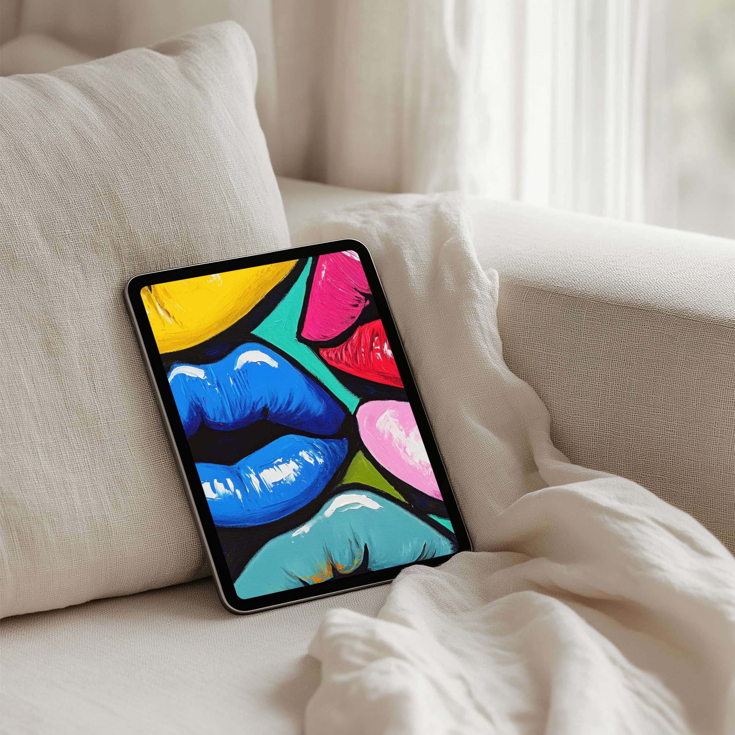 Vibrant digital lips art for serene elegance, iPad background enhancing tablet aesthetics; instant download to inspire mindfulness