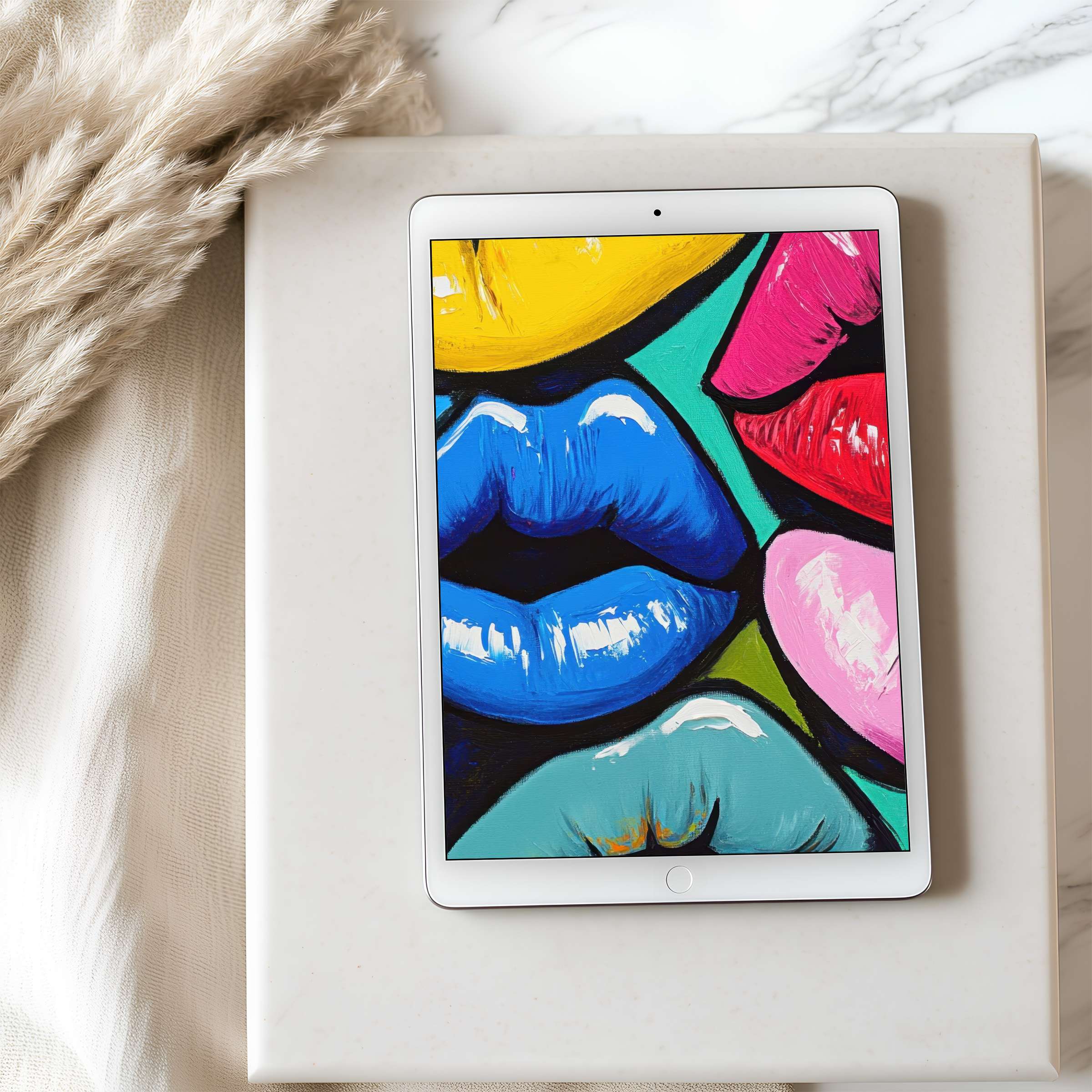Colorful pop art lips on tablet wallpaper bring vibrant calm to your space, ideal for iPad, high resolution digital download
