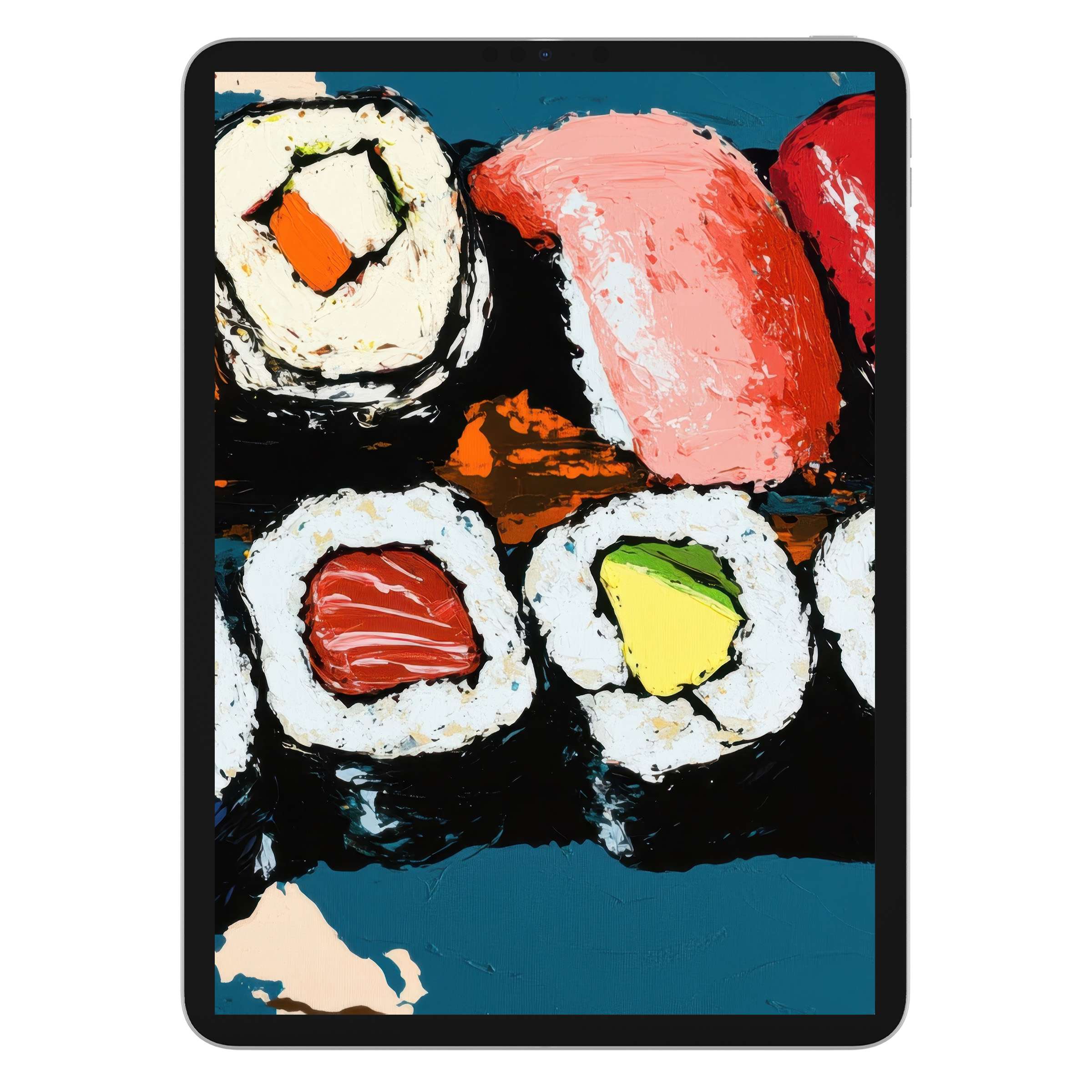 Pop art iPad wallpaper featuring colorful sushi rolls, perfect as a calming tablet background for digital download and design elegance