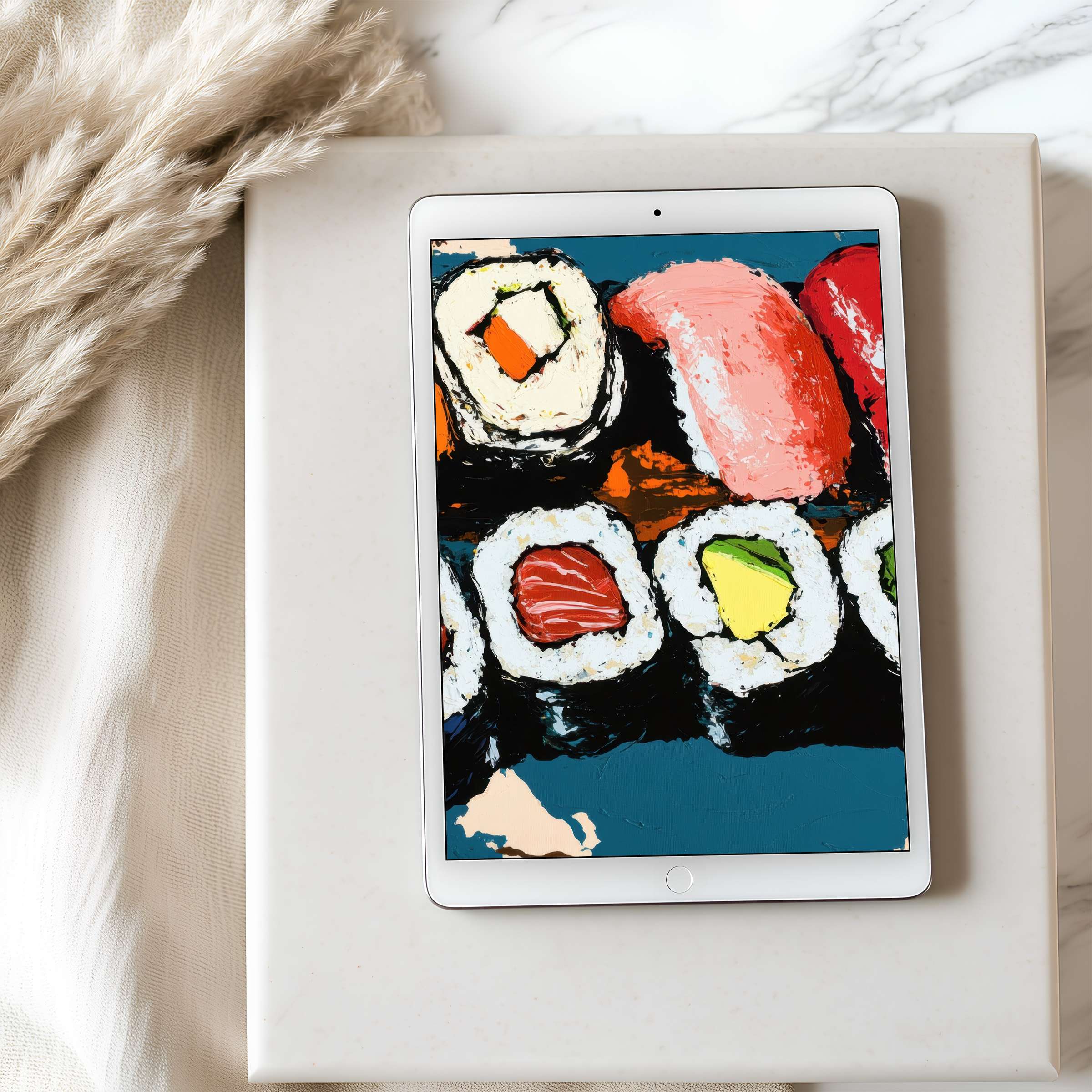 Elegant tablet wallpaper featuring vibrant sushi art, perfect for iPad or Android, offering a serene, high-resolution digital download