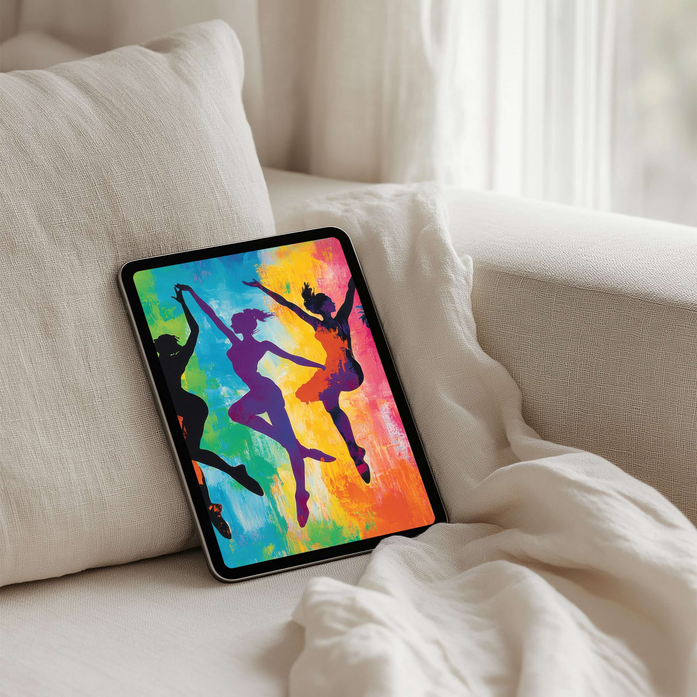 Elegant dancers in vibrant colors on iPad background evoke calm and inspiration perfect for instant download on any tablet
