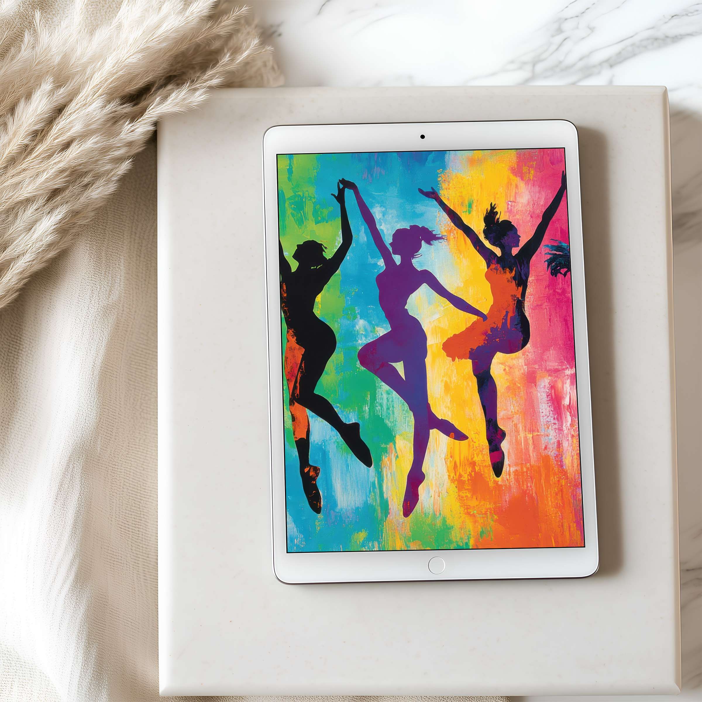 Vivid tablet wallpaper of dancers in silhouette against a colorful abstract background ideal for iPad high resolution digital download