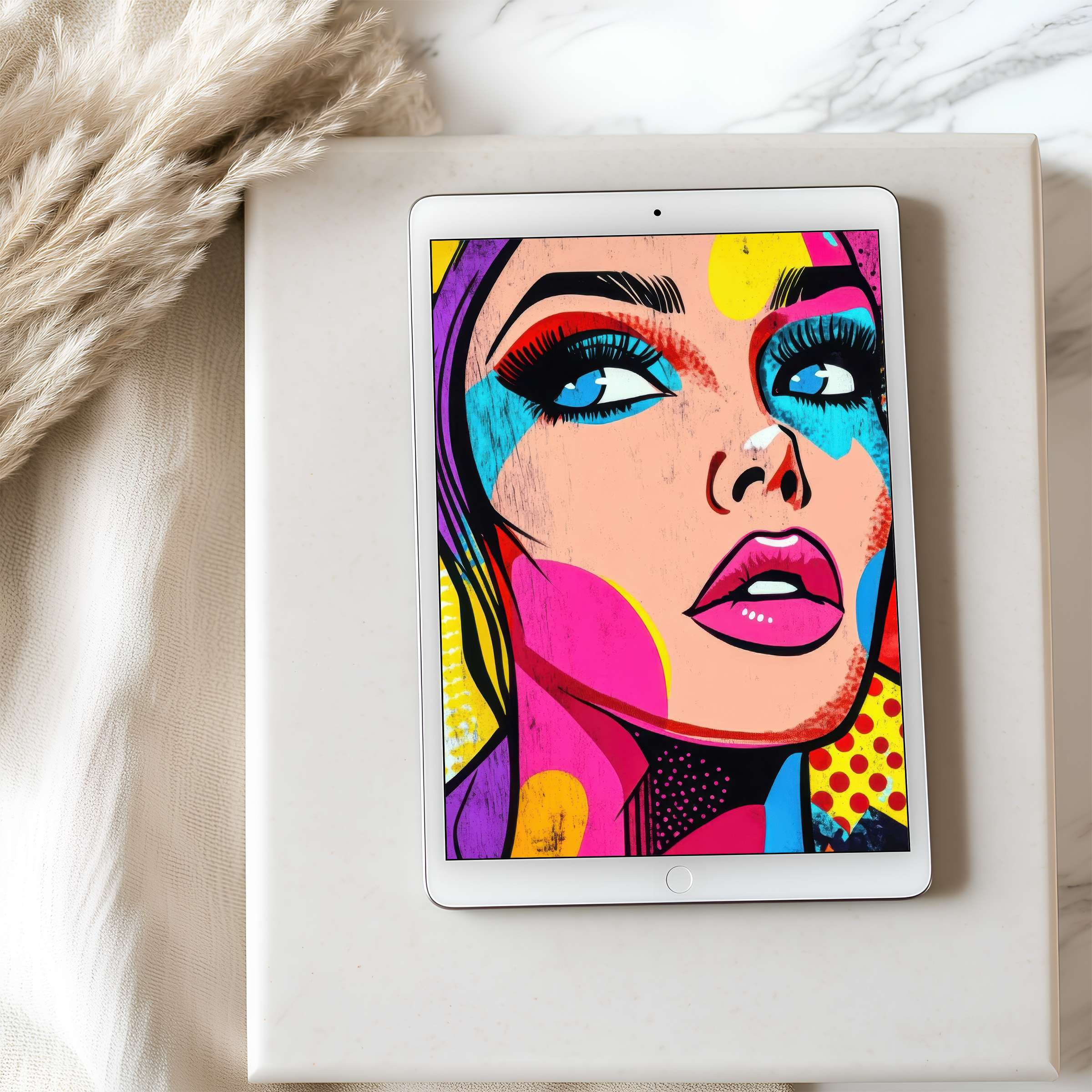 Colorful pop art portrait tablet wallpaper for iPad and Android, high resolution digital download enhancing elegant home decor