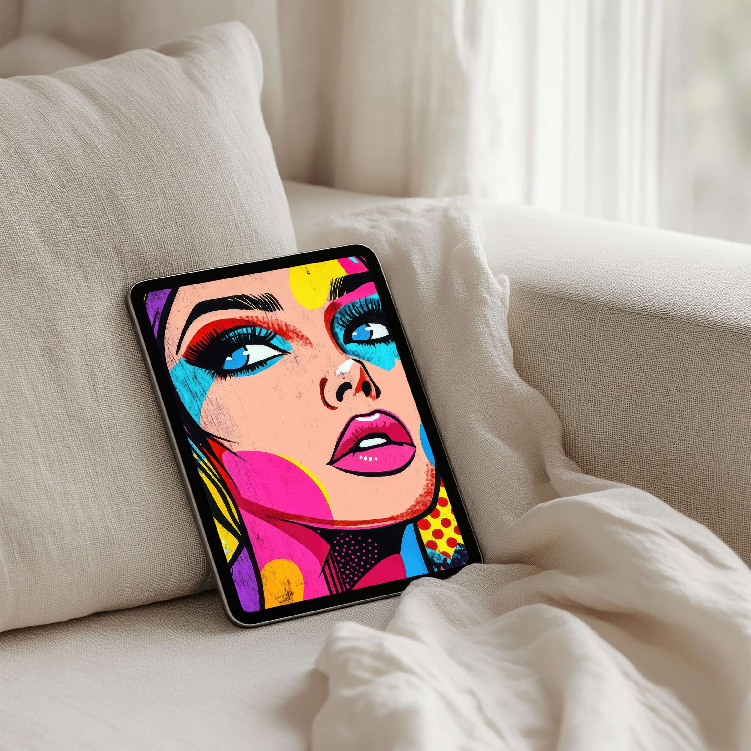Colorful pop art iPad background on a cozy sofa inspires elegance and calm, ideal for tablet instant download mindful decor