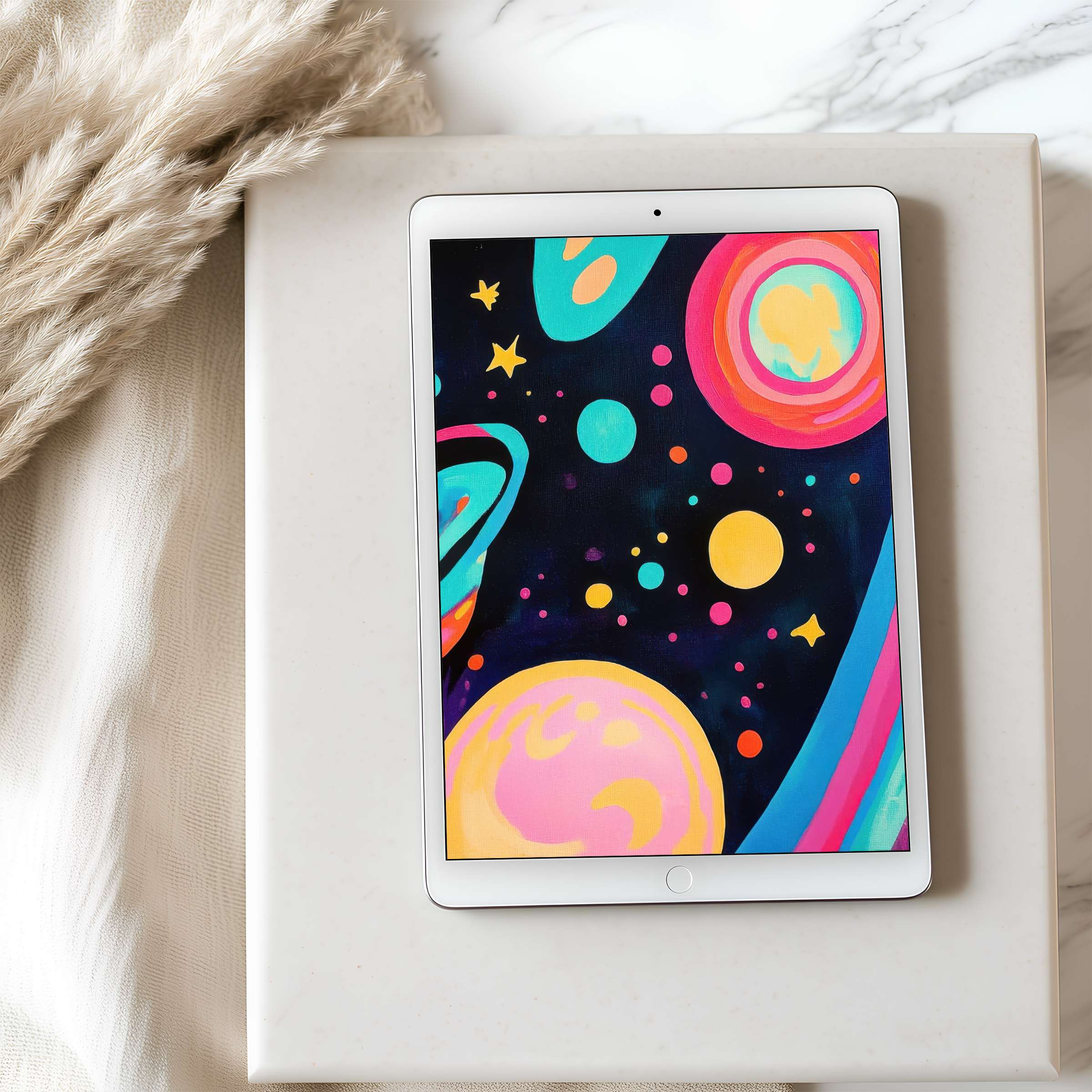 Vibrant cosmic illustration on tablet wallpaper, ideal for iPad or Android tablets, blending elegance and creativity, easy digital download