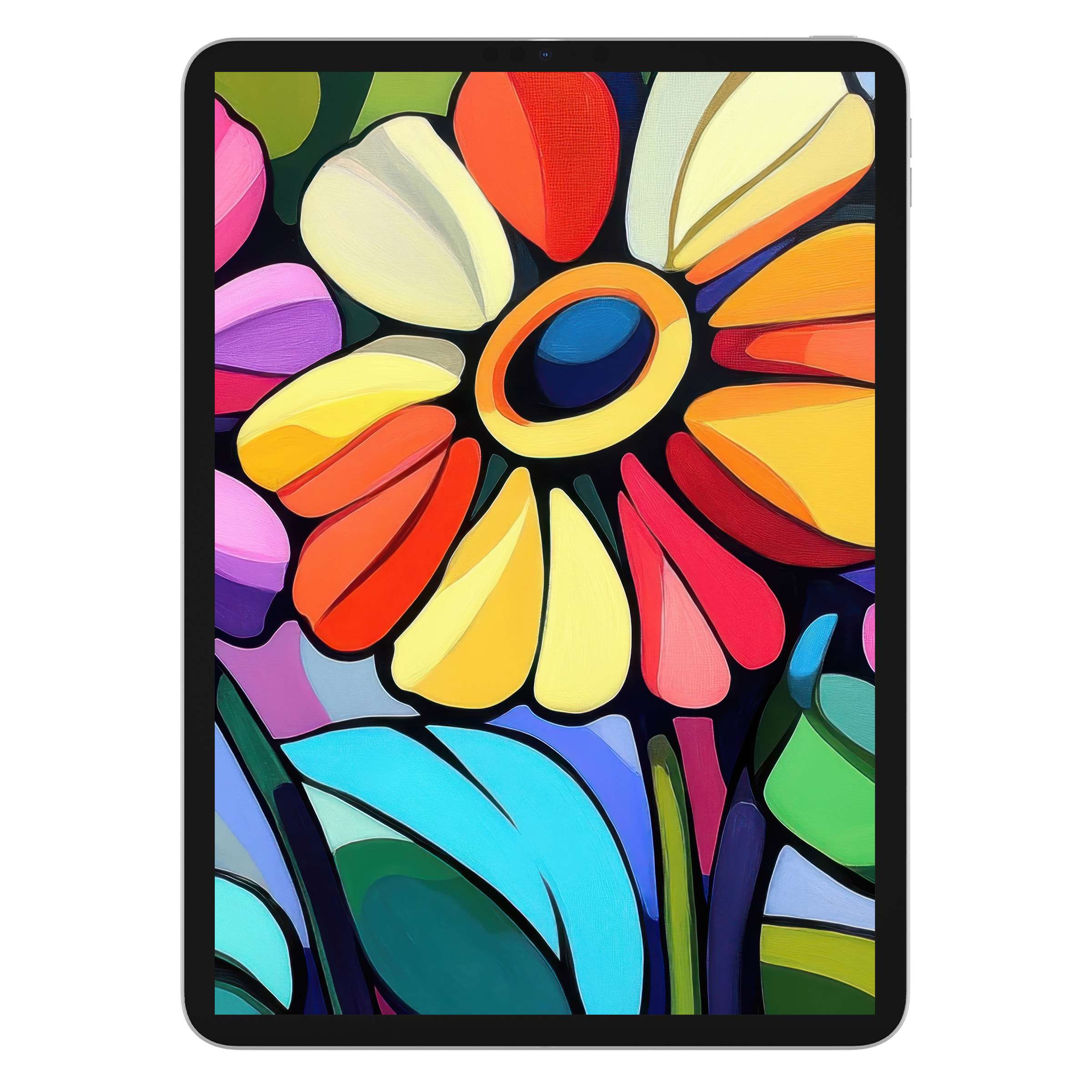 Vibrant pop art iPad wallpaper featuring bold, colorful floral designs, creating a serene tablet background for digital download use