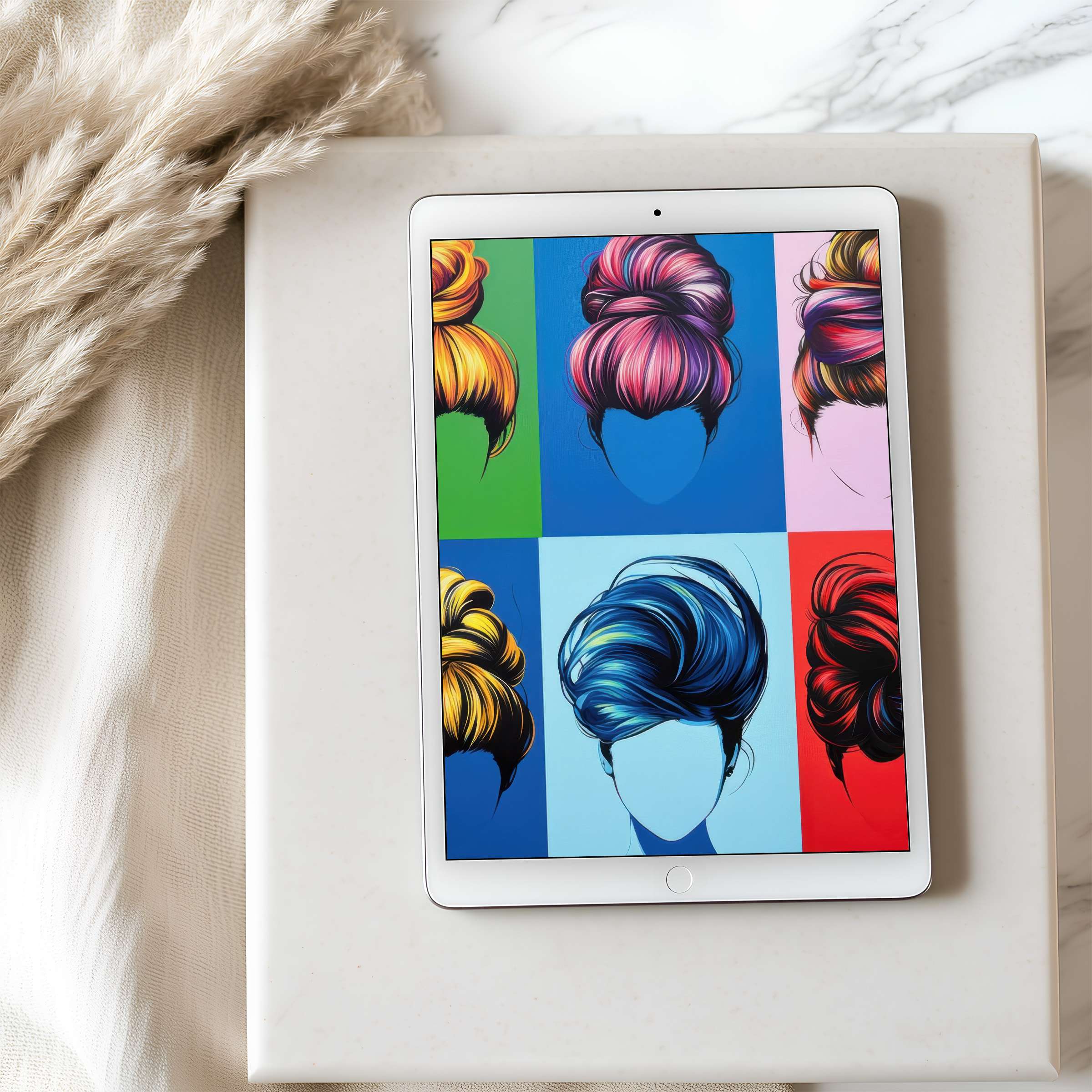 Vibrant pop art motif of colorful hairstyles on a tablet wallpaper, perfect for iPad, offering a calm, high-resolution digital download