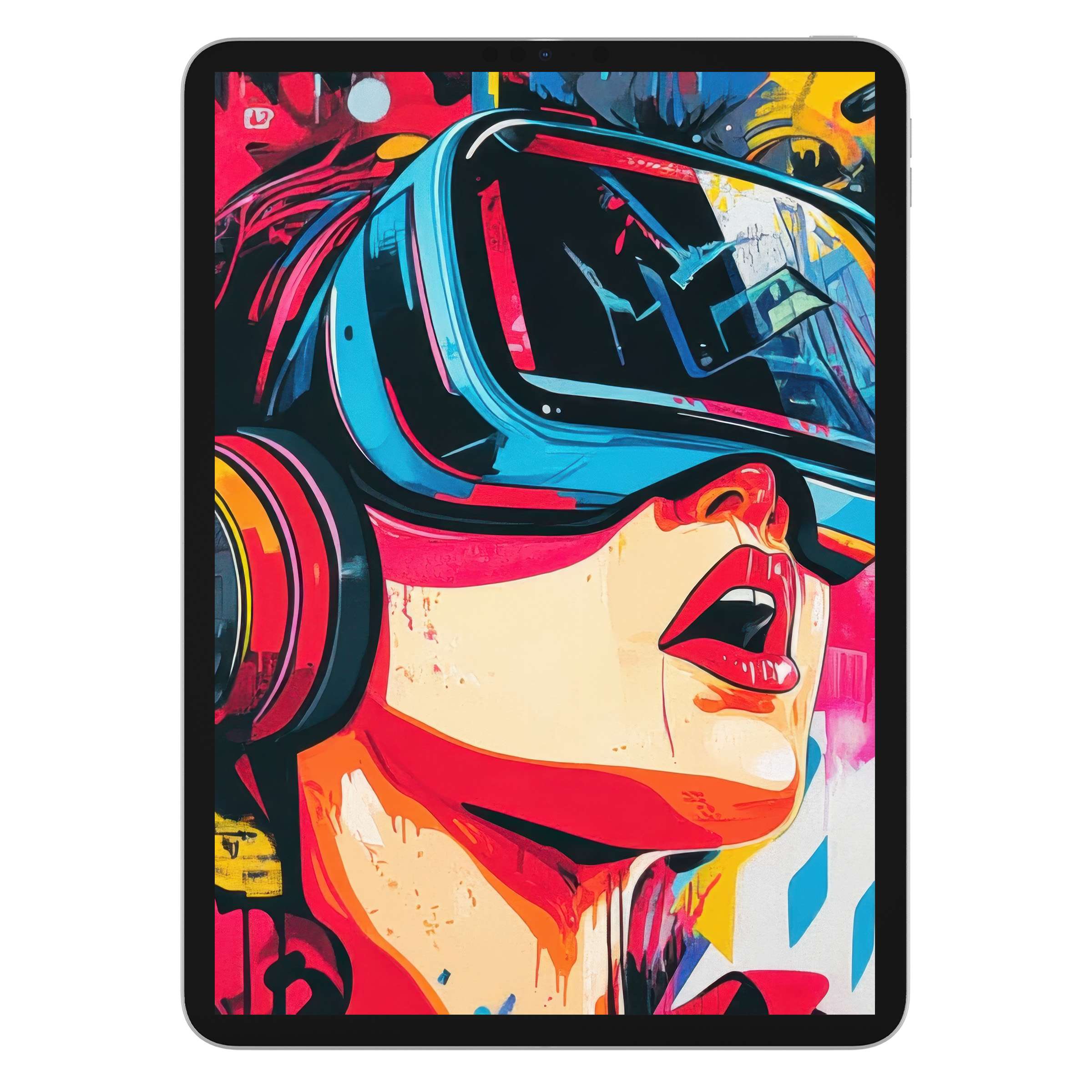 Vibrant pop art iPad wallpaper digital download featuring bold colors and VR theme perfect for tablet backgrounds and Android devices