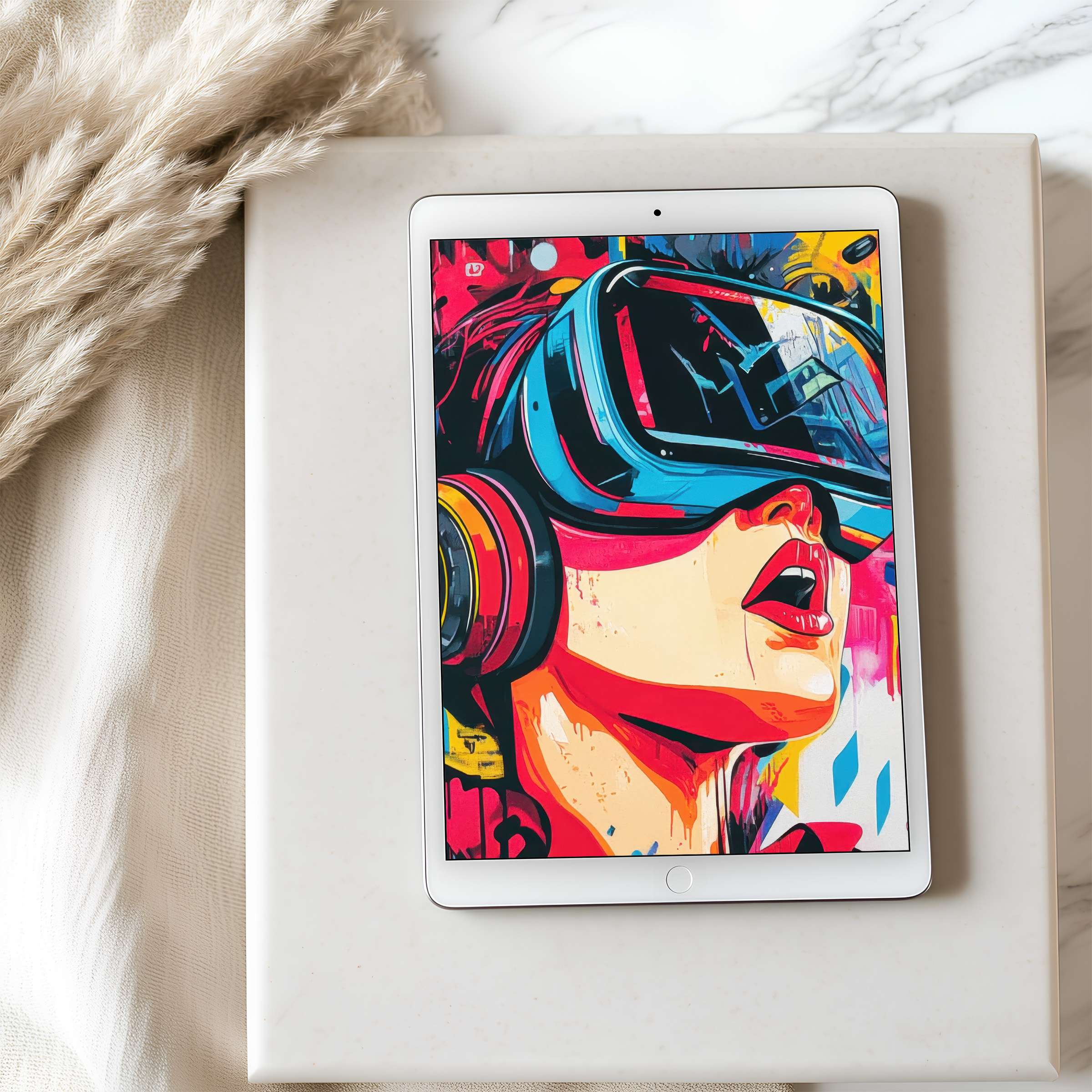 Vibrant tablet wallpaper with vivid pop art motif on iPad set in serene, modern interior offers calm aesthetic and easy digital download