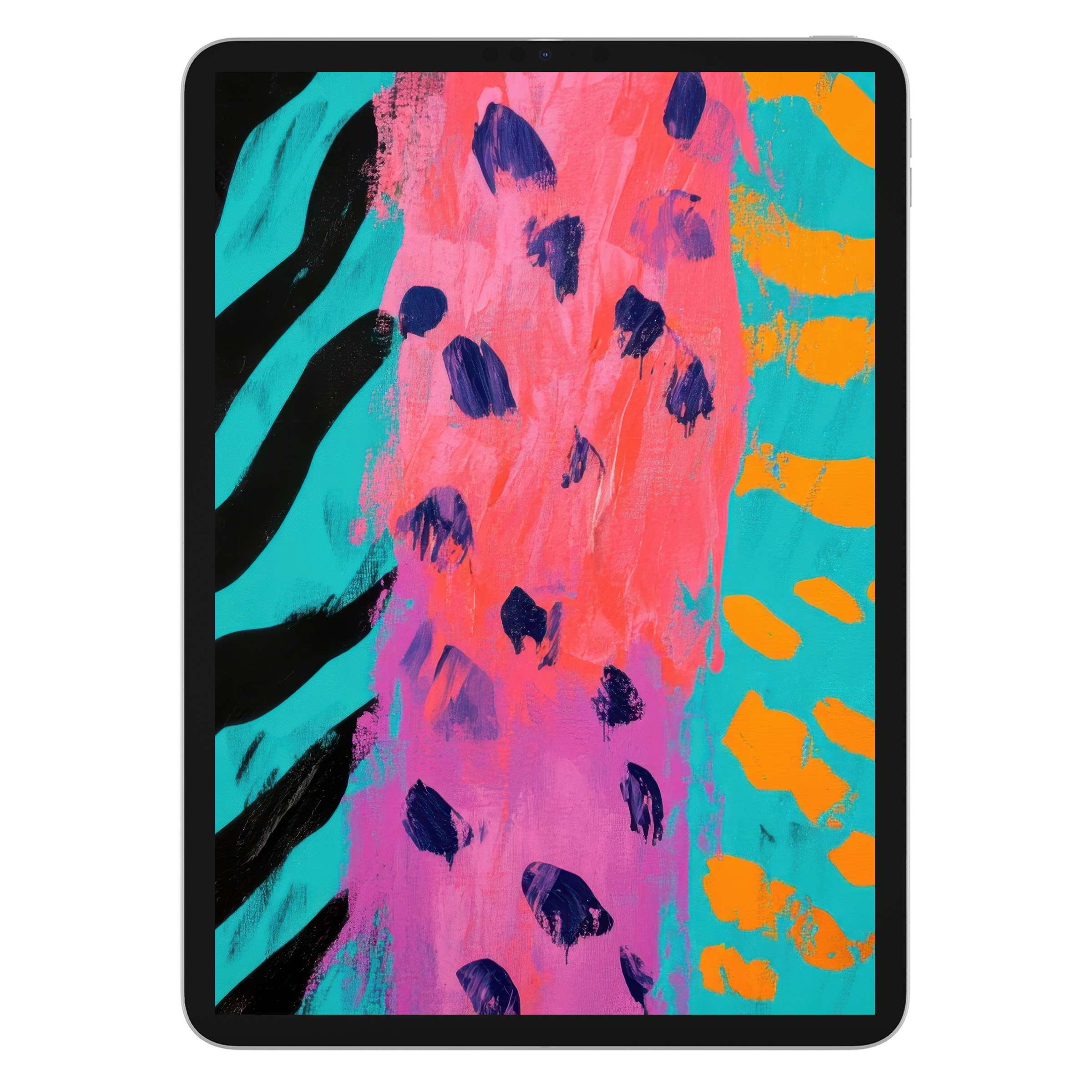 Vibrant pop art iPad wallpaper with abstract brush strokes in pink, teal, and orange perfect for tablet background digital download