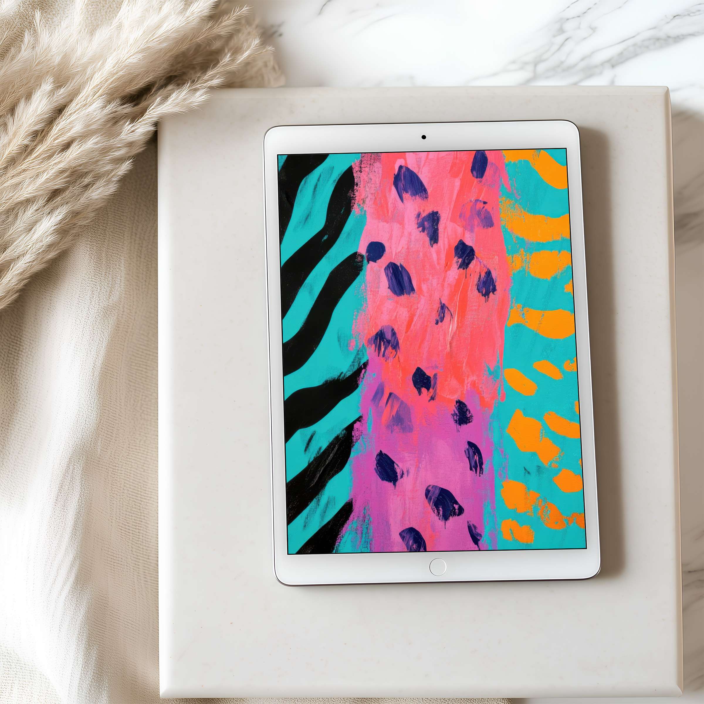 Vibrant abstract tablet wallpaper featuring bright turquoise, pink, and orange strokes offers high resolution for iPad or Android tablets, enhancing serene, stylish spaces