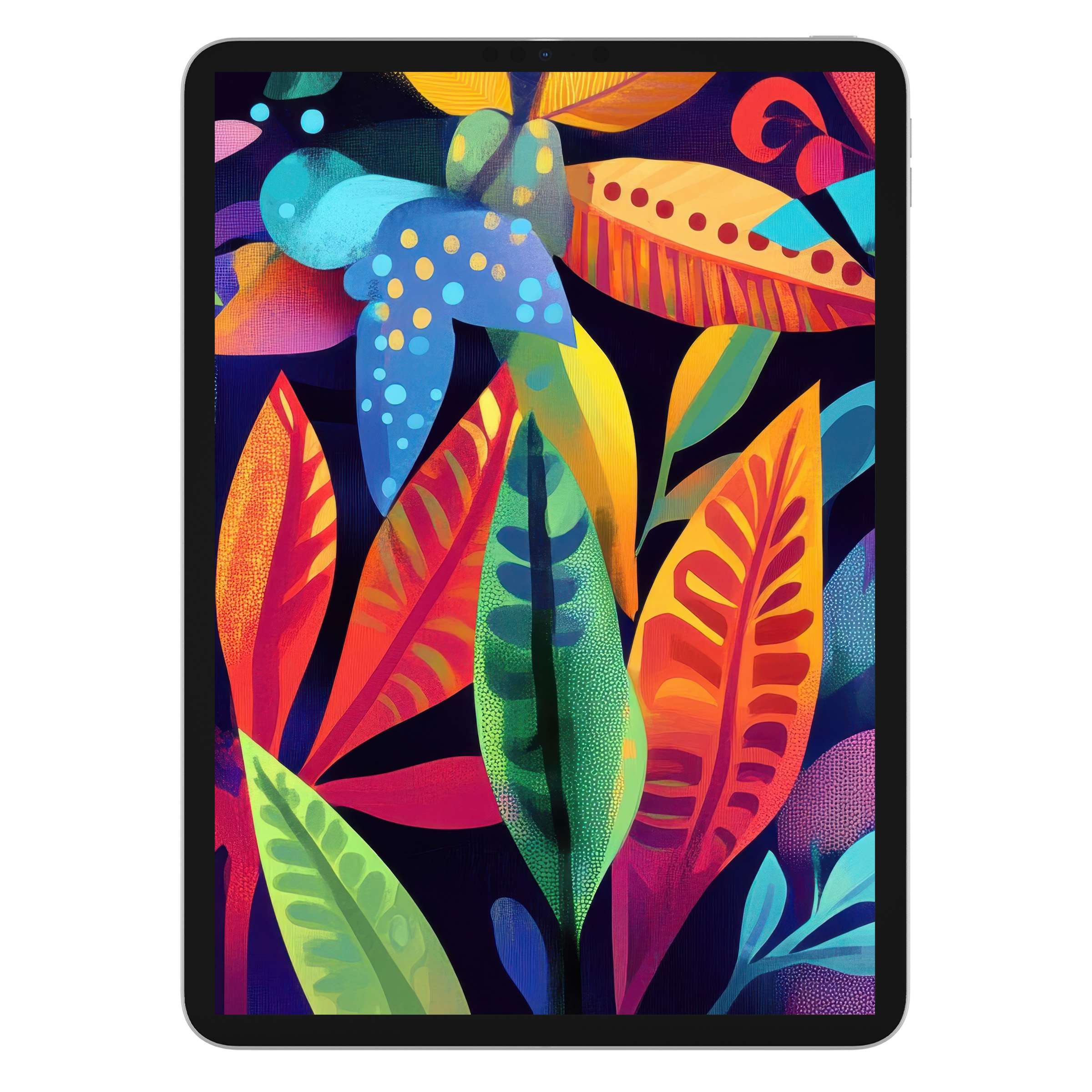 Vibrant pop art iPad wallpaper with bold leaves in striking colors creates a modern digital download tablet background