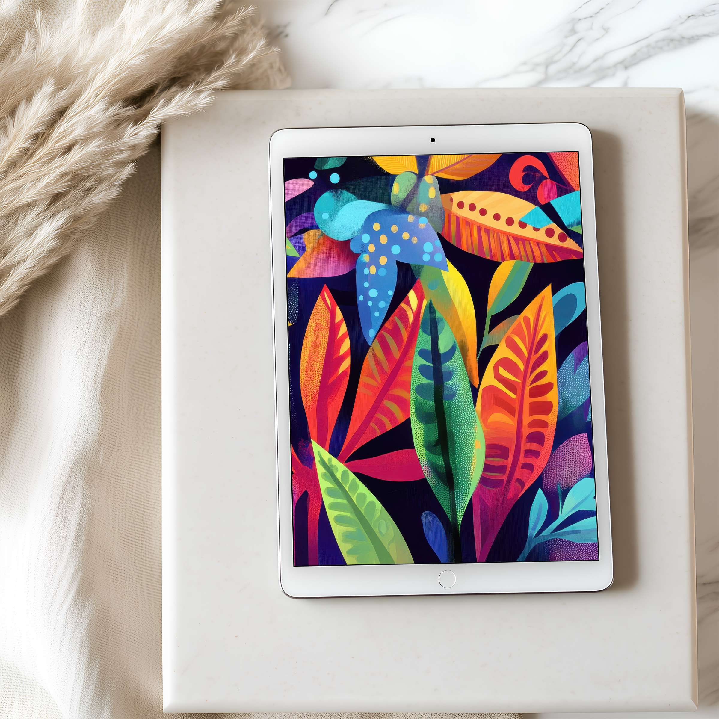 Vibrant abstract leaves tablet wallpaper in high resolution brings a lively touch to your digital space, perfect for iPad and Android