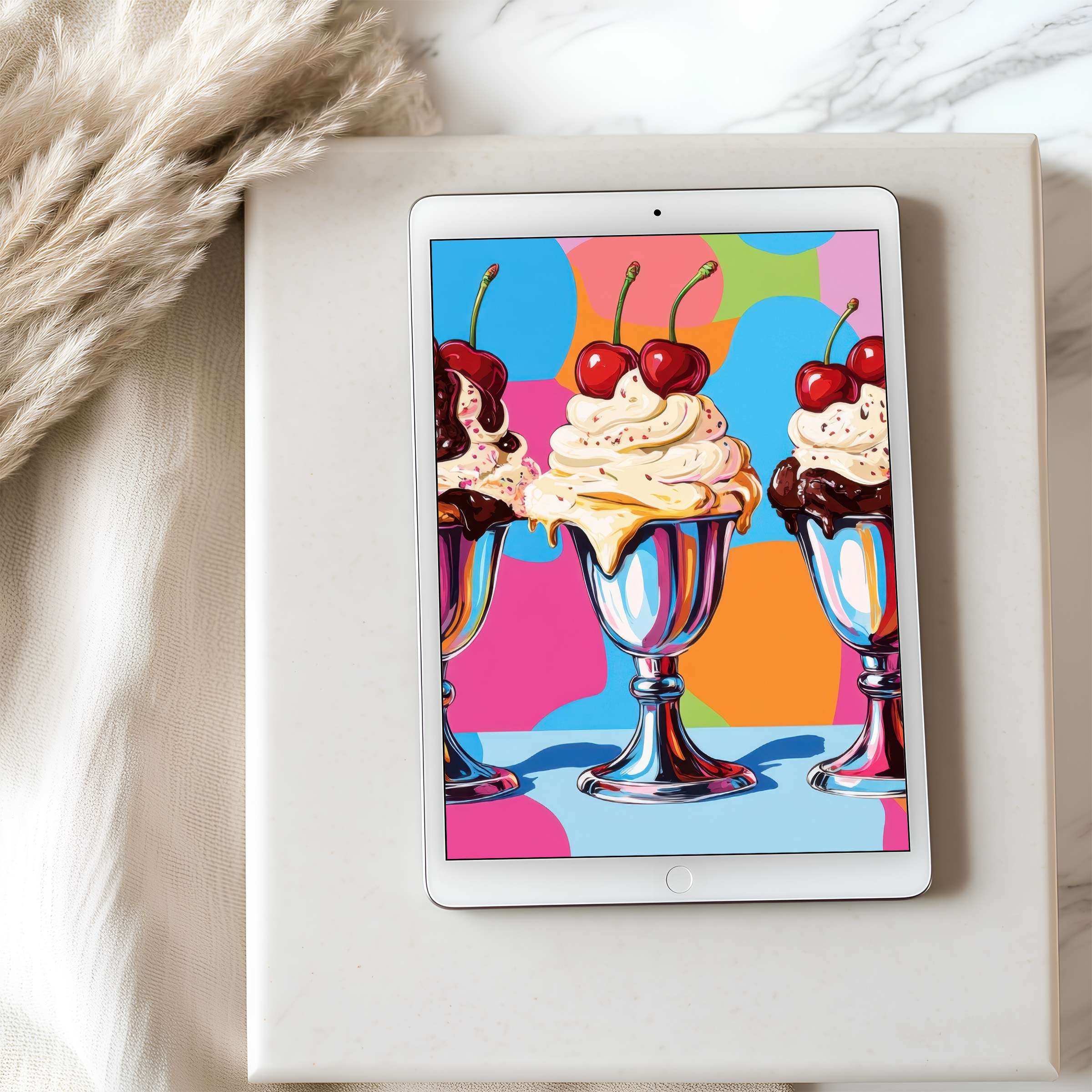 Vibrant ice cream art on tablet wallpaper infuses elegance and calm into your iPad and Android digital space high resolution download