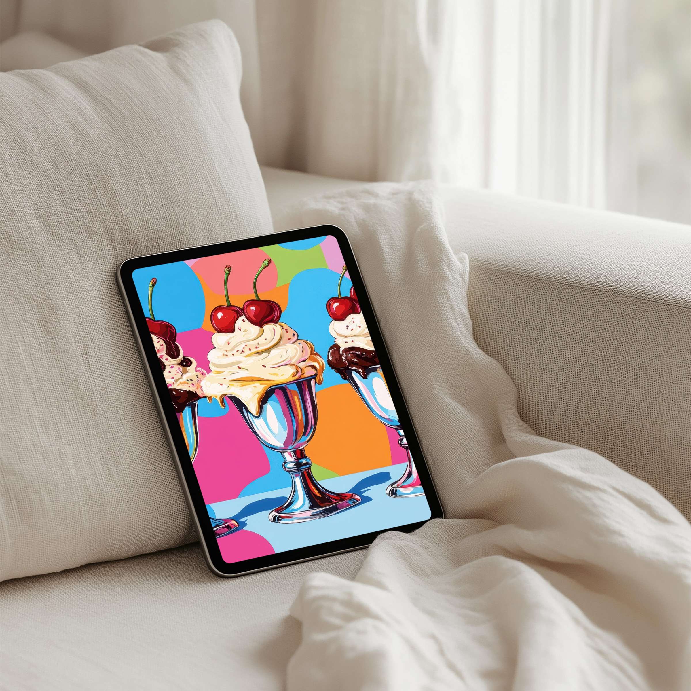 Vibrant sundae art as iPad background offers elegance and inspiration for mindful moments on any tablet with instant download