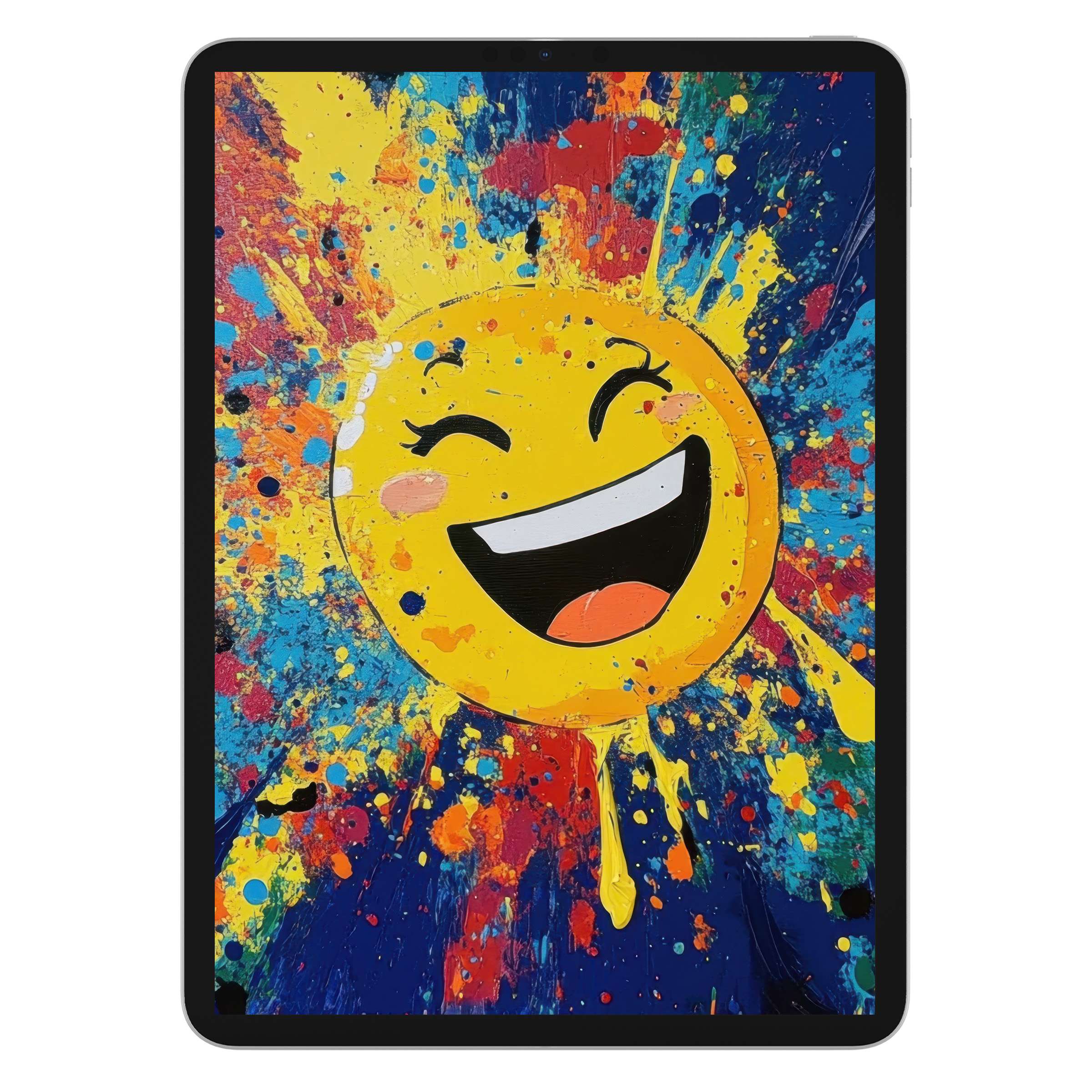 Vibrant pop art iPad wallpaper with a joyful emoji splash on a colorful abstract background, perfect digital download for any tablet