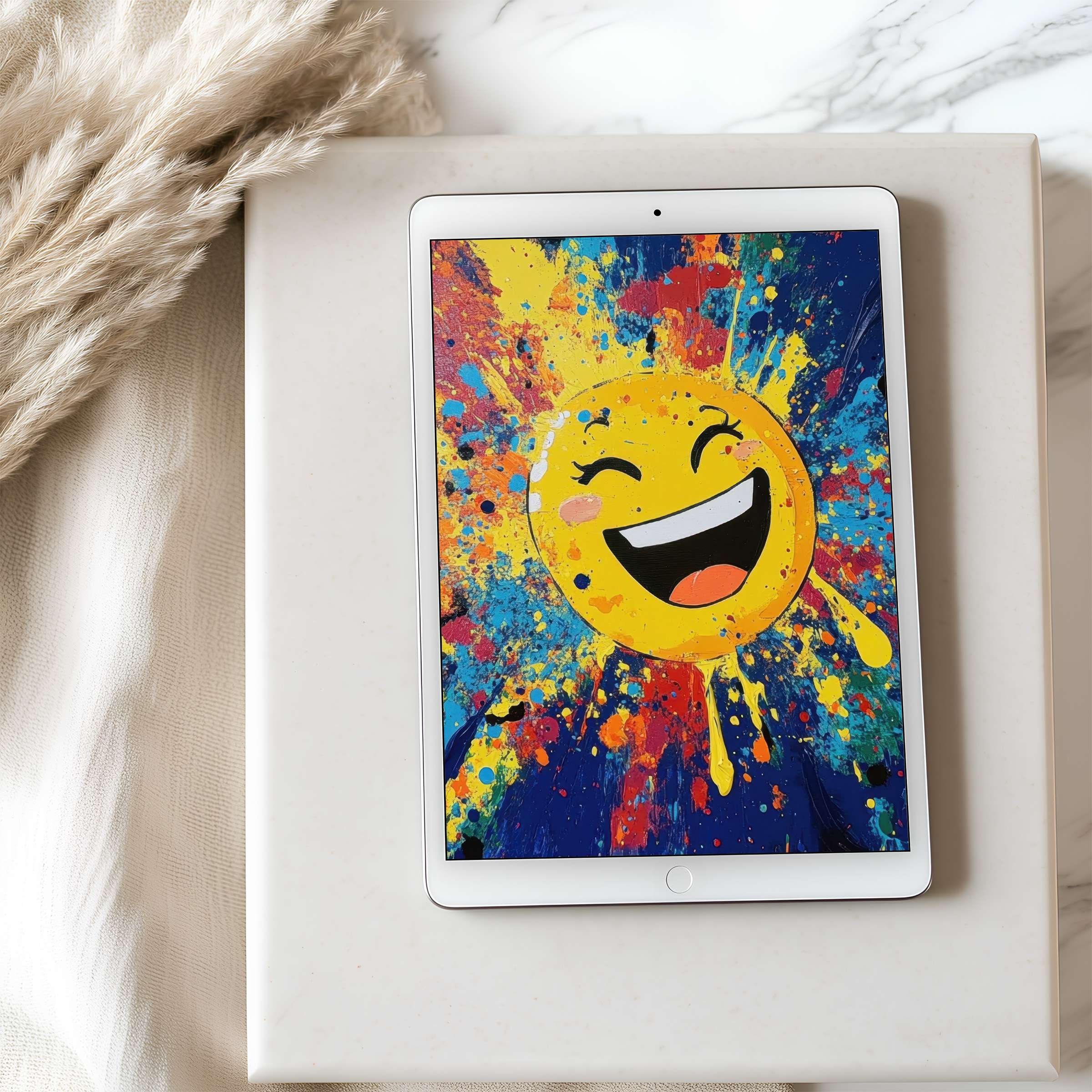 Vibrant abstract smiley face tablet wallpaper with colorful splashes enhances iPad's elegance ideal for digital download and style