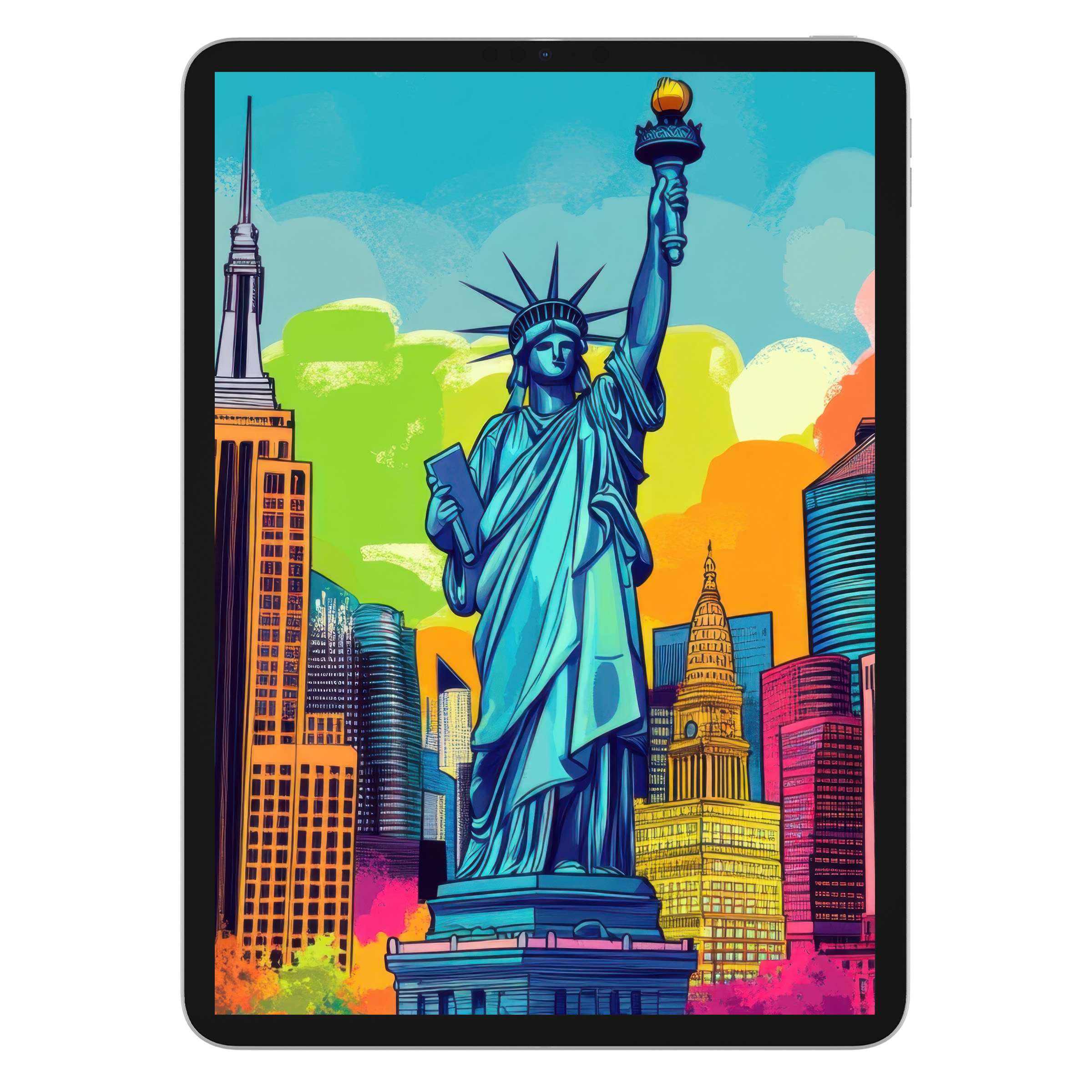 Vibrant pop art iPad wallpaper featuring the Statue of Liberty for a colorful, digital download background on any tablet device