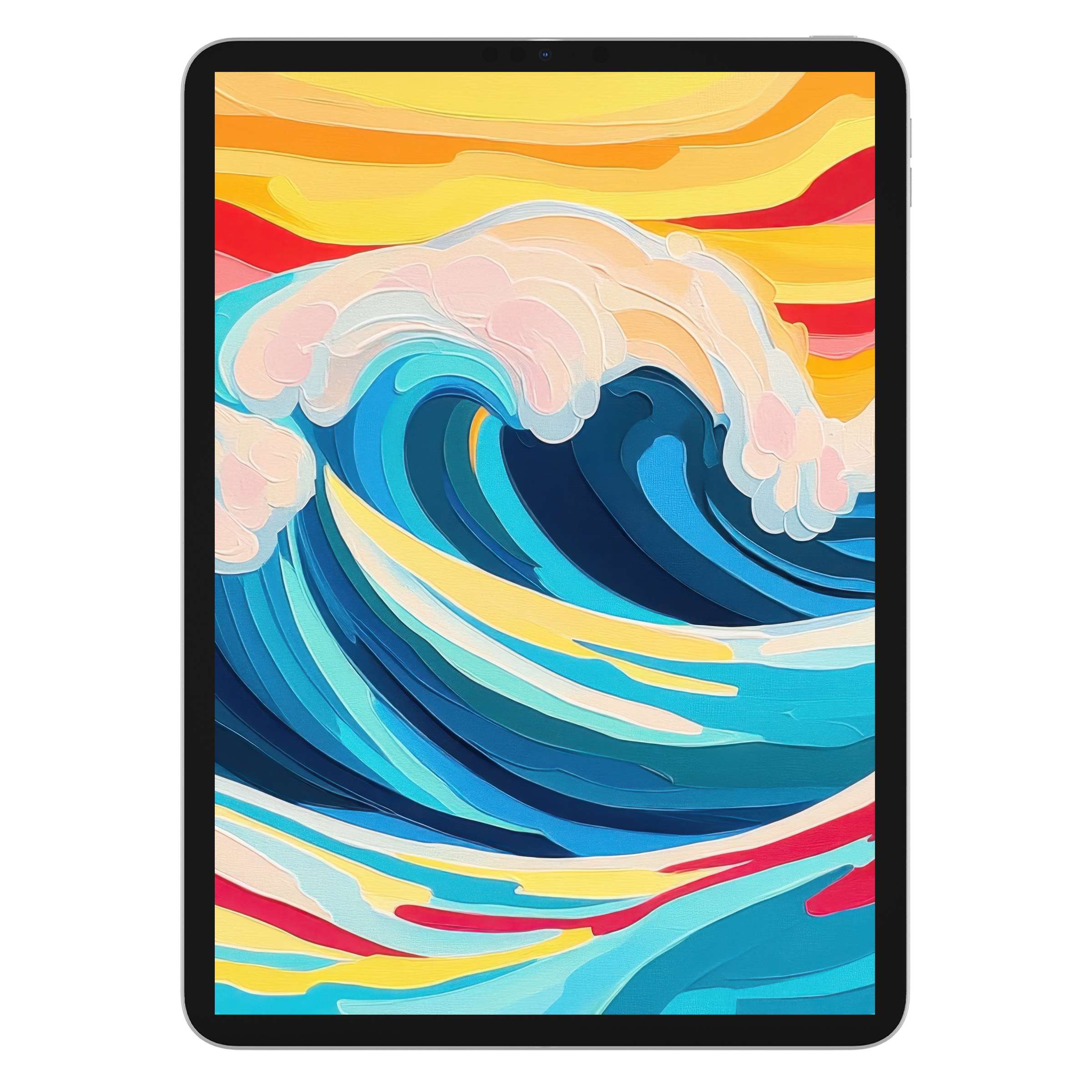 Vibrant pop art iPad wallpaper featuring a serene wave in blues and yellows, ideal as a digital download for tablet background