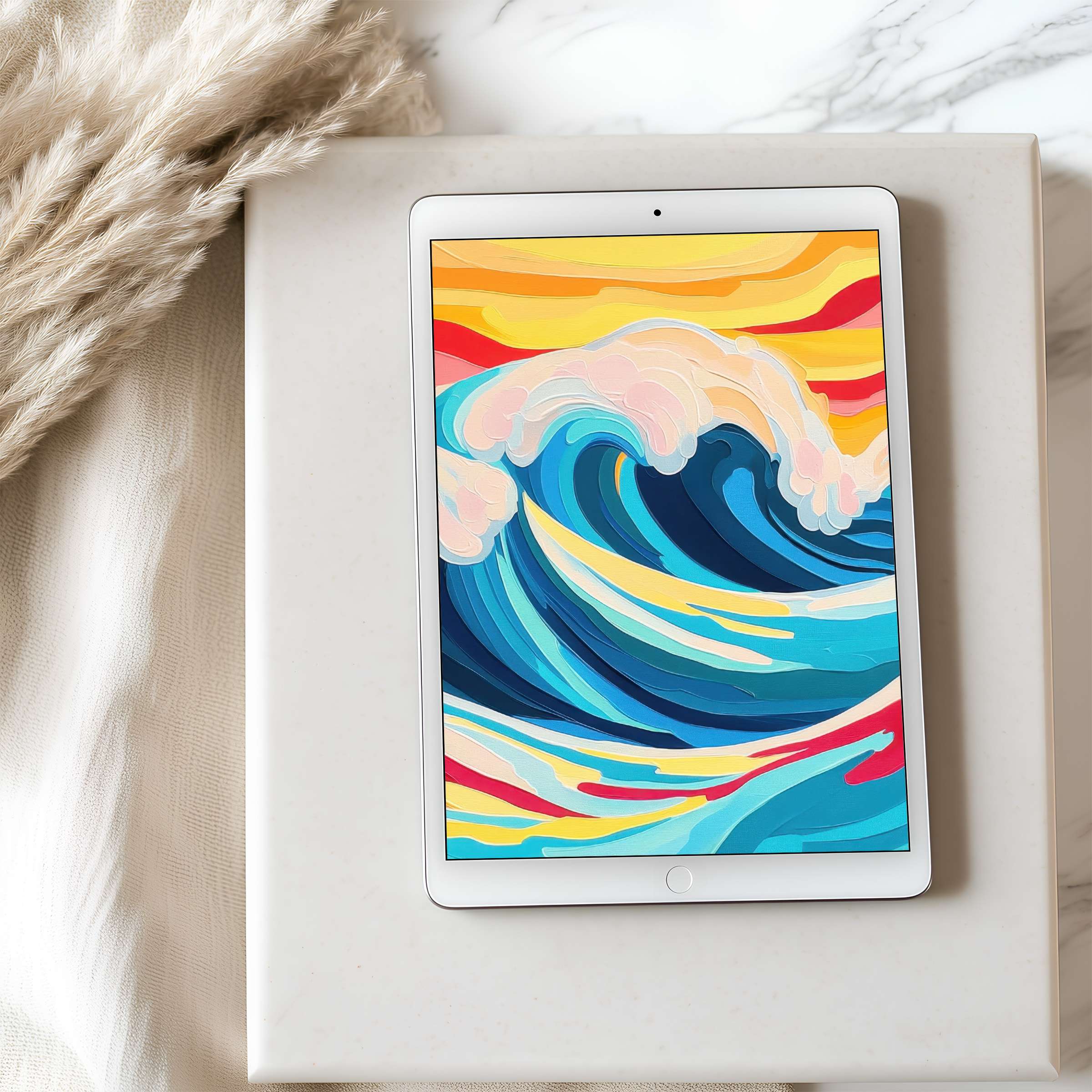 Elegant tablet wallpaper featuring vivid ocean waves with warm sunrise colors, ideal for high-resolution iPad and Android screens, inspiring serenity