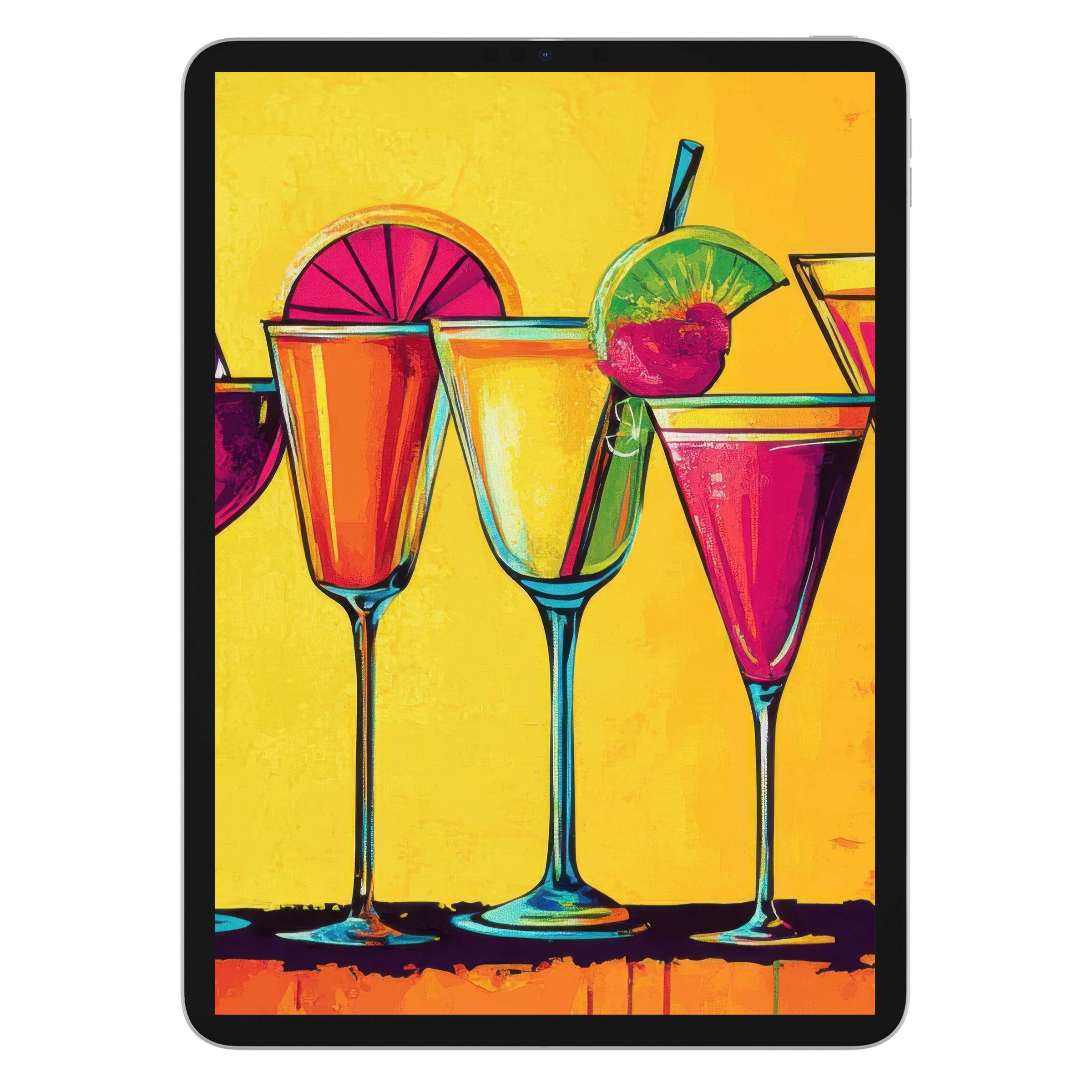 Vibrant pop art iPad wallpaper featuring colorful cocktail glasses, ideal digital download background for tablets like Android and Samsung