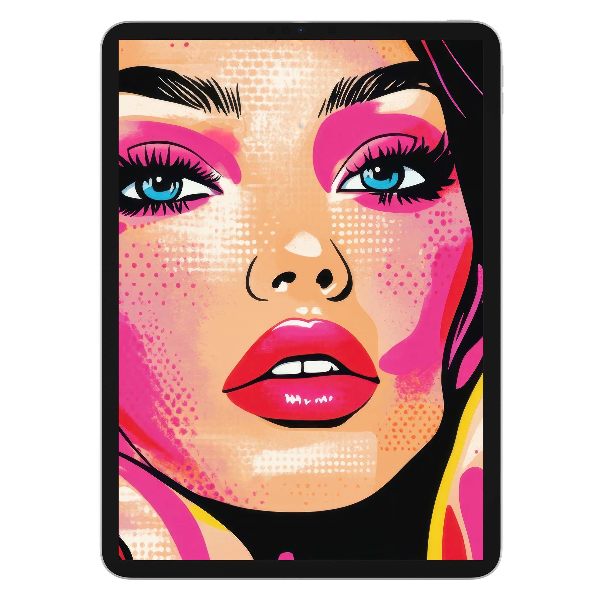 Vibrant pop art iPad wallpaper showcasing a colorful female face, perfect digital download for tablet background enhancing creativity