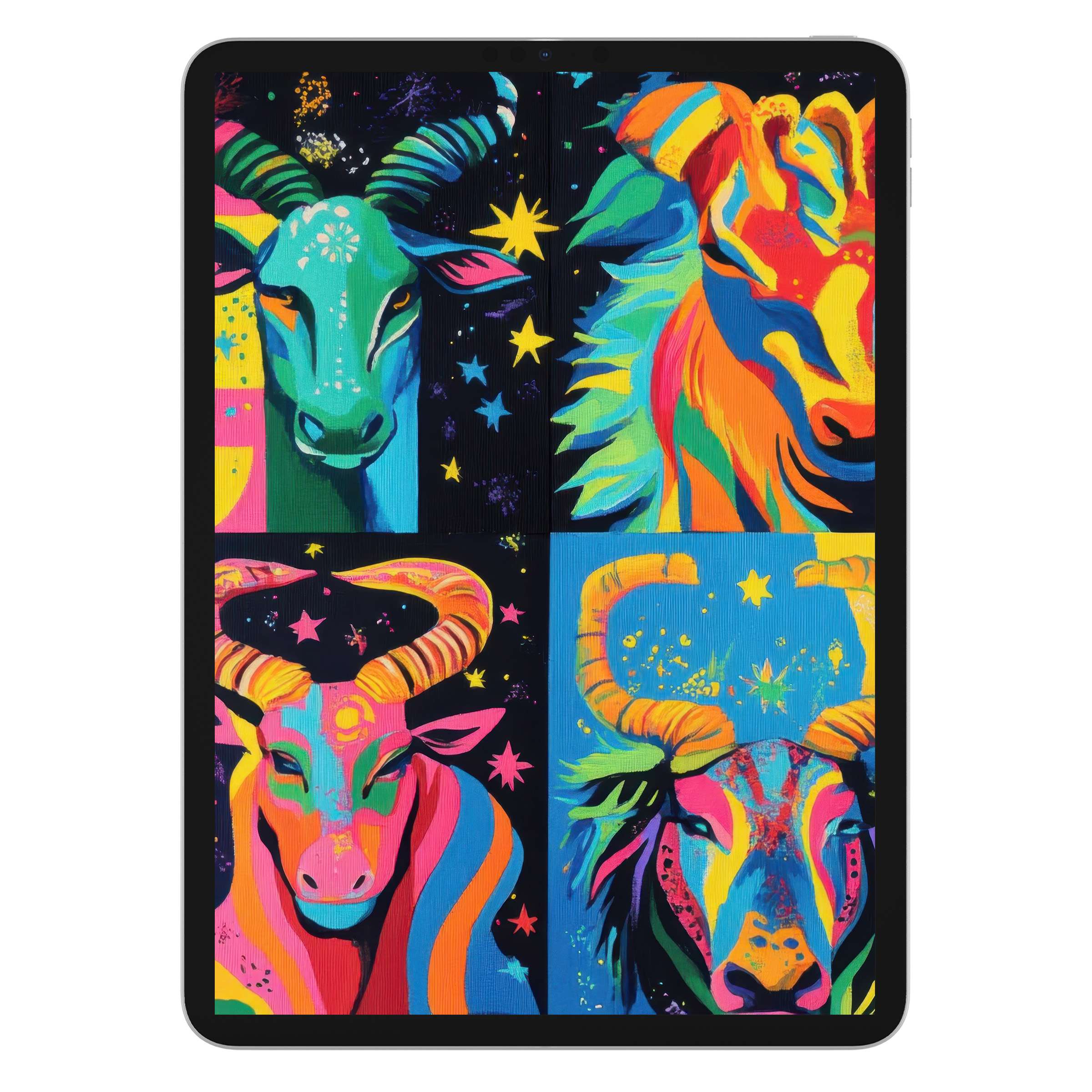 Vibrant pop art iPad wallpaper featuring colorful, cosmic animals as a digital download for an elegant tablet background design