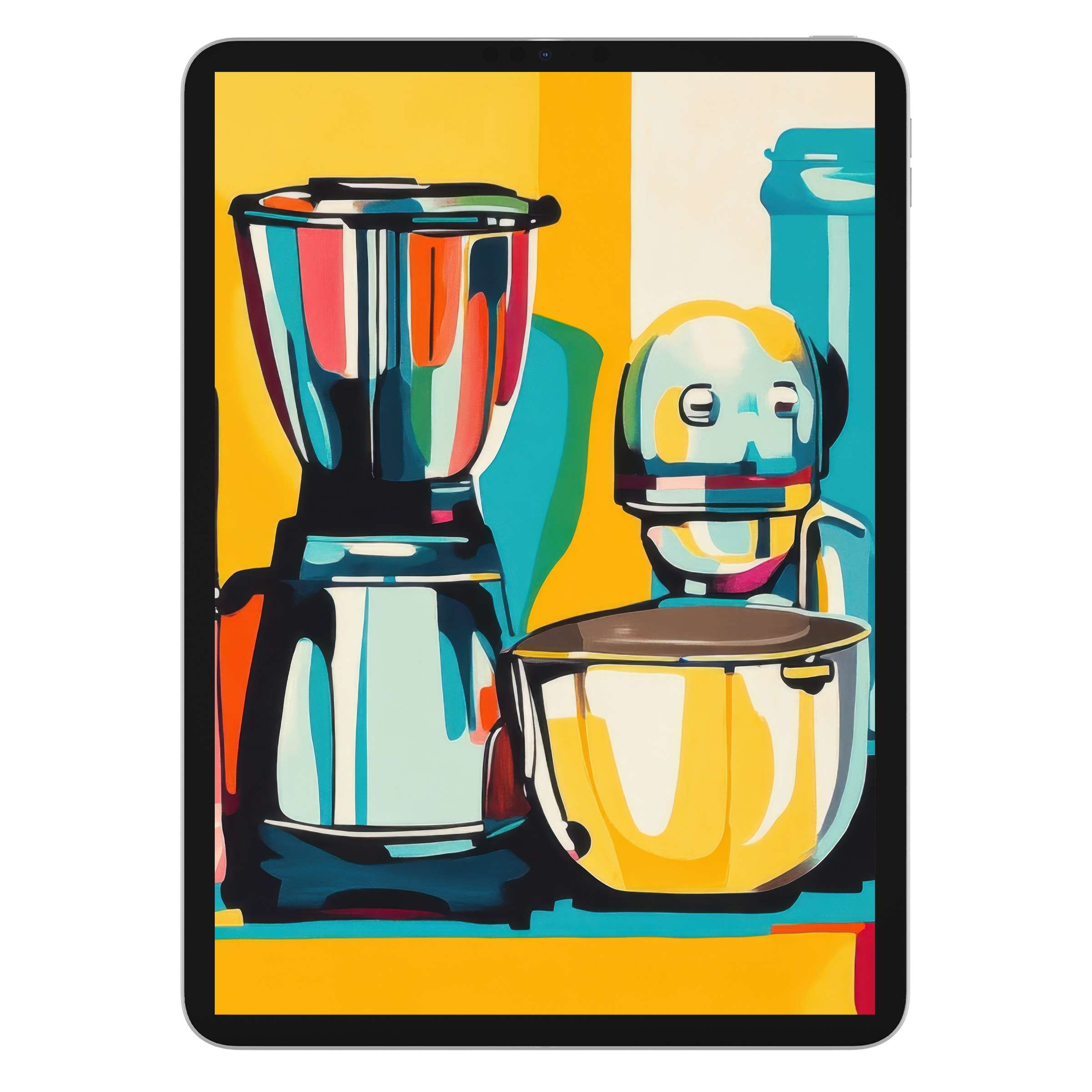 Vibrant pop art iPad wallpaper features colorful kitchen appliances, perfect digital download for tablet background enhancing creativity