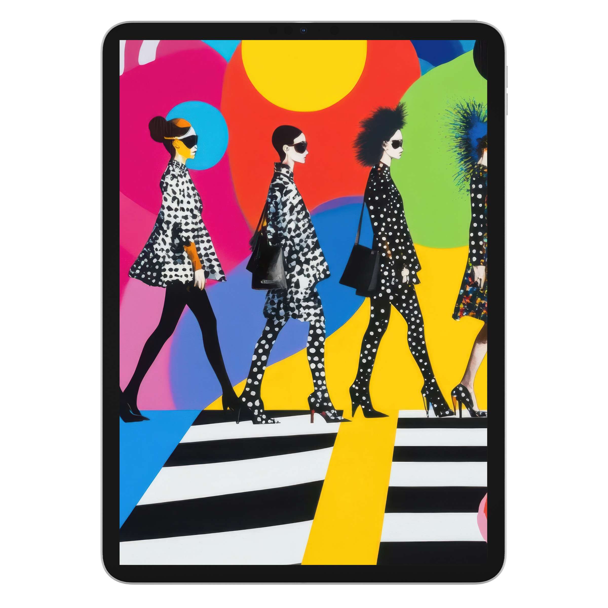 Vibrant pop art iPad wallpaper featuring stylish figures against a colorful background ideal for digital download on tablets