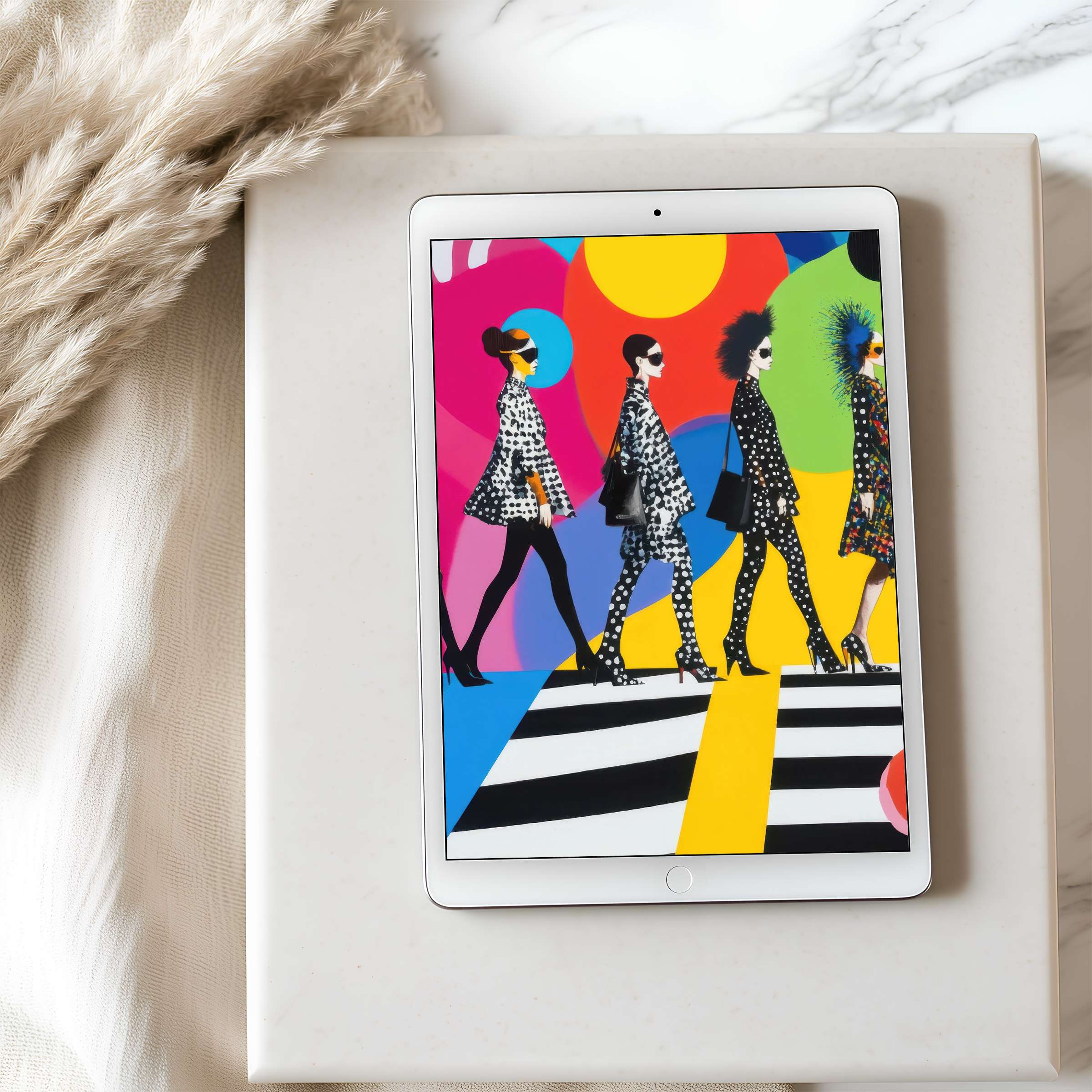Vibrant pop art tablet wallpaper featuring colorful, elegant figures perfect for iPad high resolution display, supports digital download