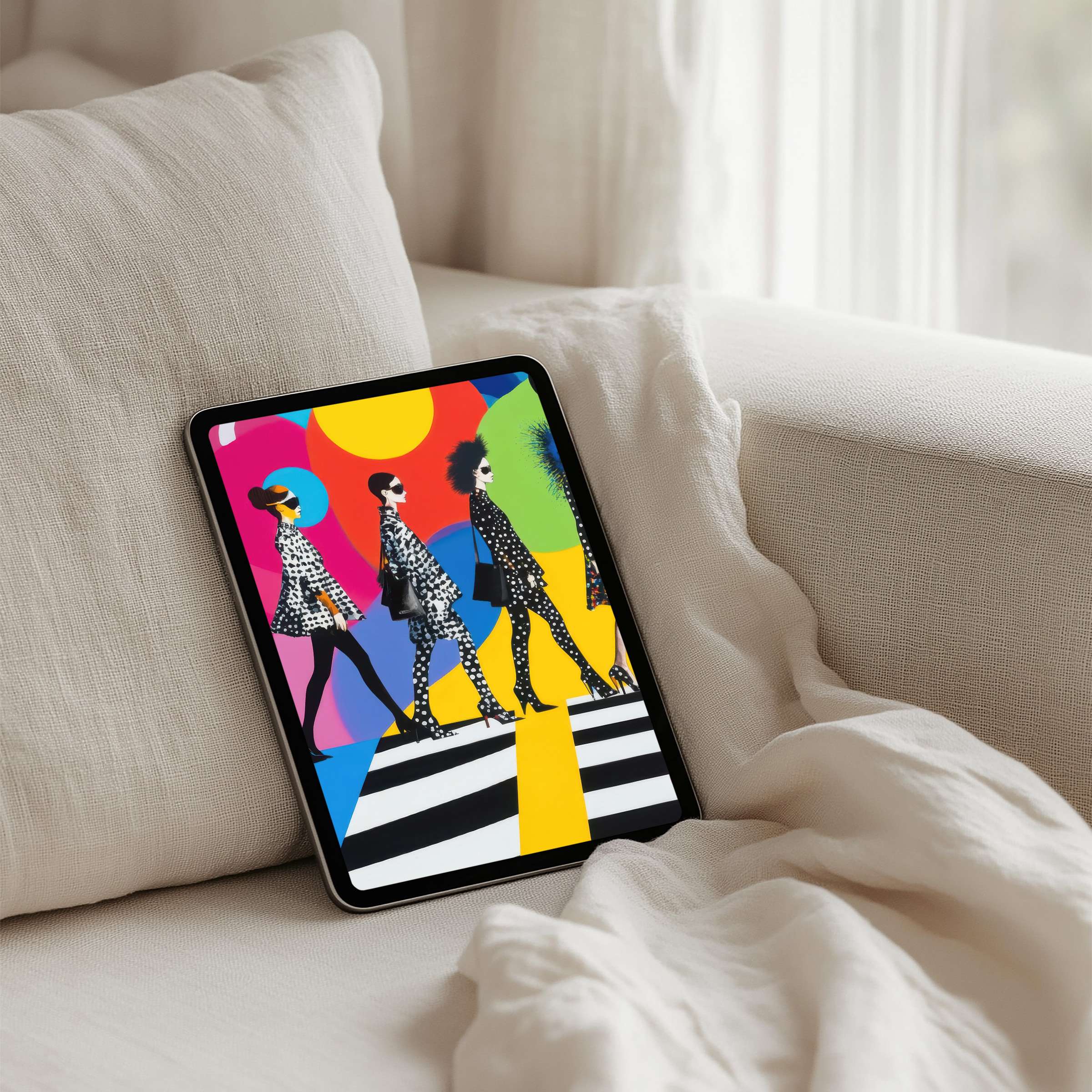Elegant iPad background featuring vibrant, stylish figures and geometric patterns offers instant download for any tablet, inspiring relaxation