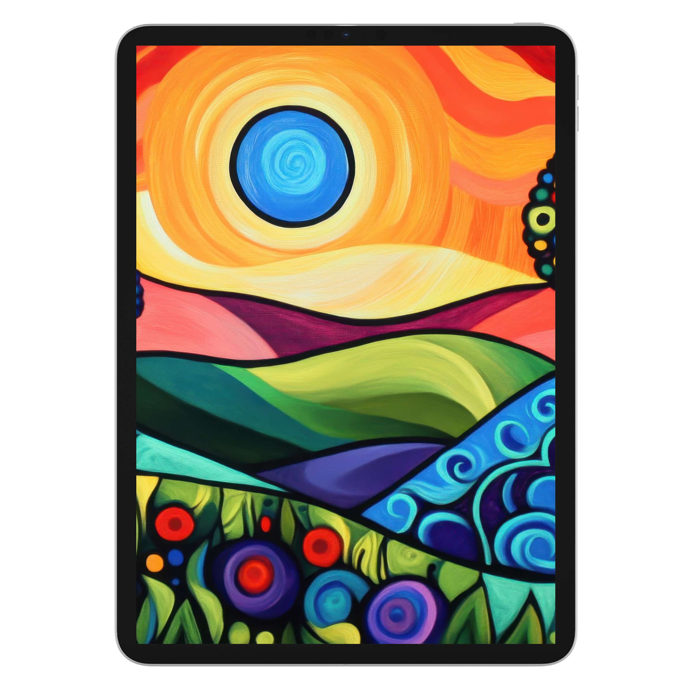 Vibrant pop art iPad wallpaper with swirling sun and rolling hills offers a calming tablet background digital download for eco-lovers