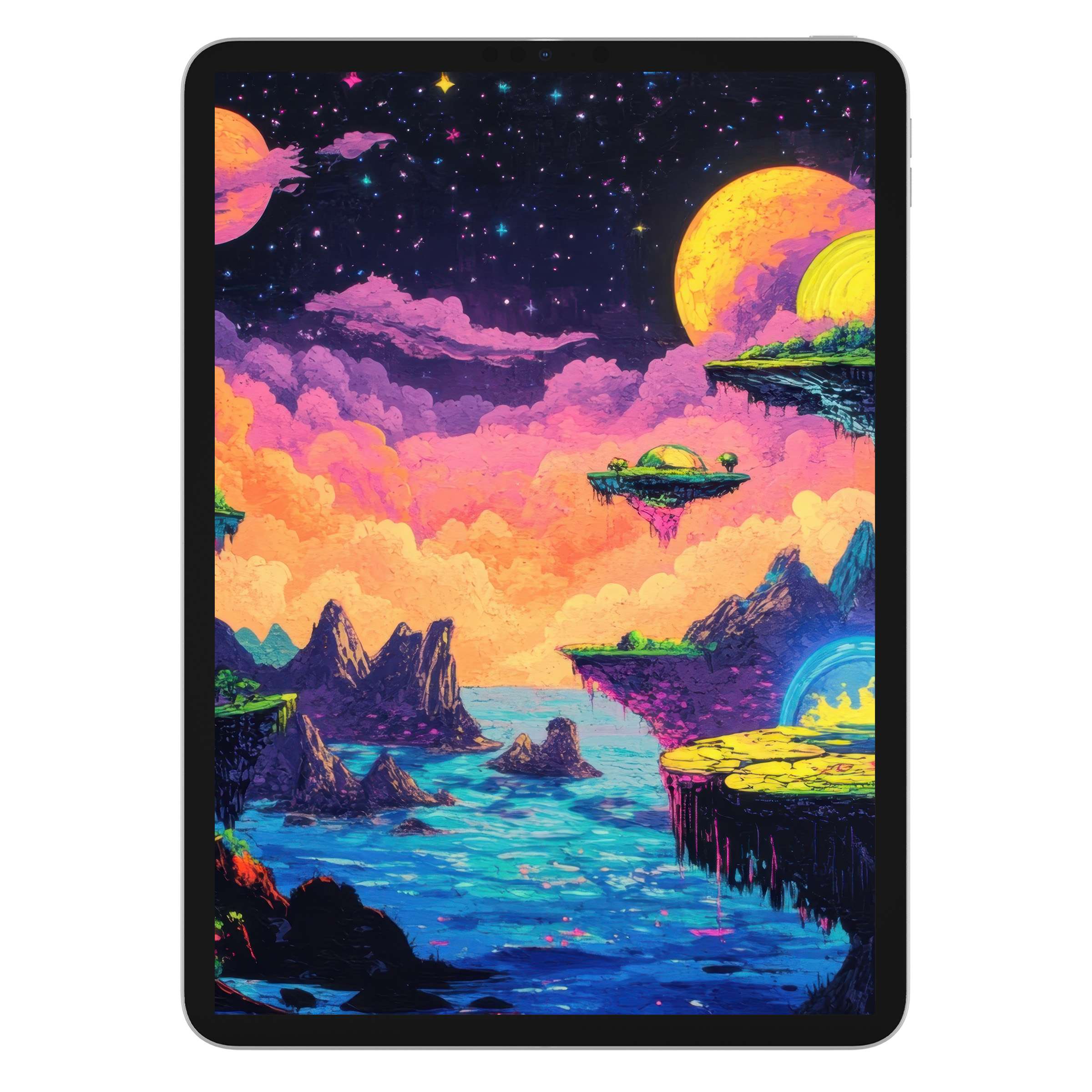 Vibrant cosmic scene pop art iPad wallpaper with psychedelic colors and dreamy landscape digital download for tablet background appeal
