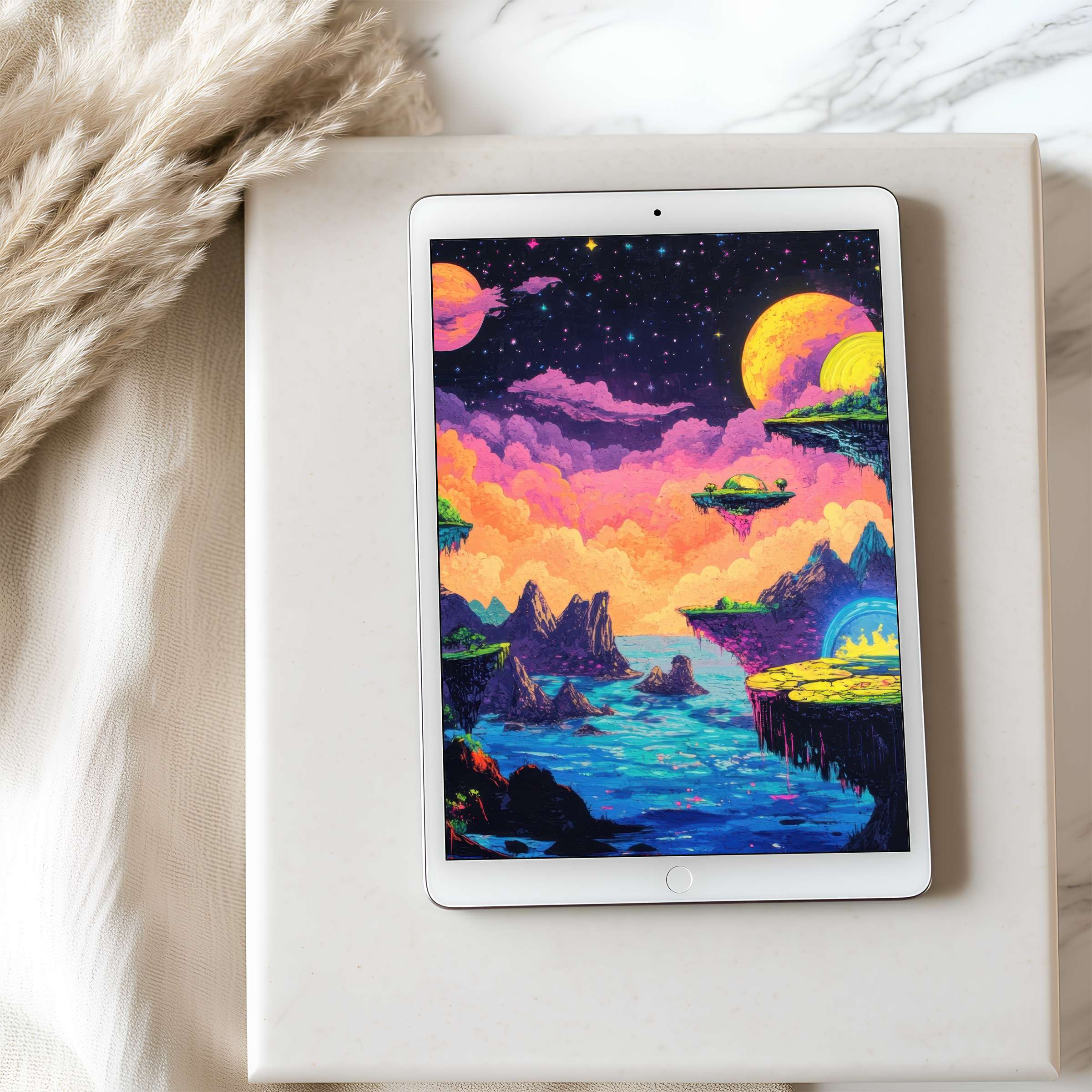 Vibrant digital fantasy landscape tablet wallpaper in high resolution set in serene modern interior for iPad and Android devices