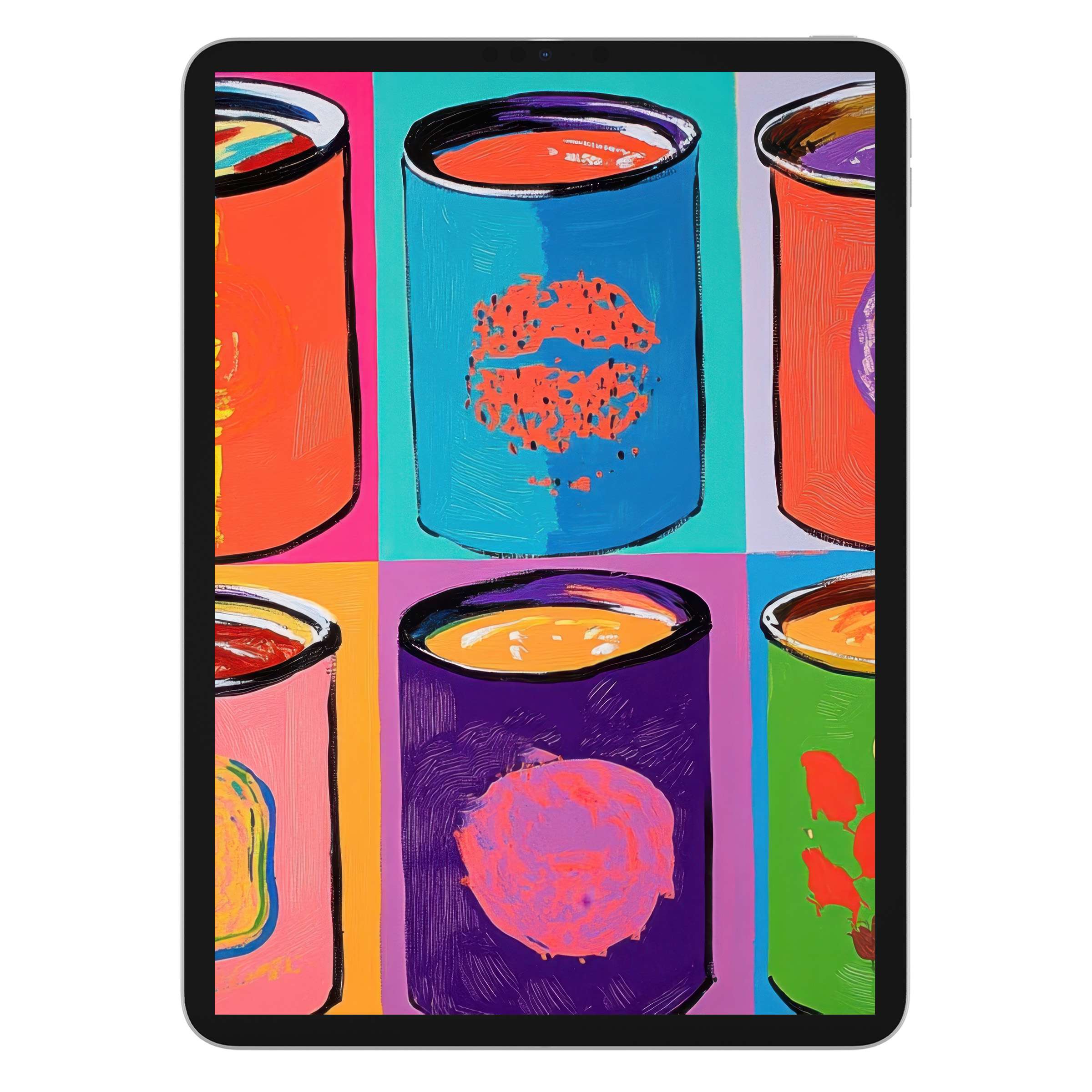 Pop art iPad wallpaper with vibrant can illustrations inspires a chic, eco-friendly tablet background for digital download and flair