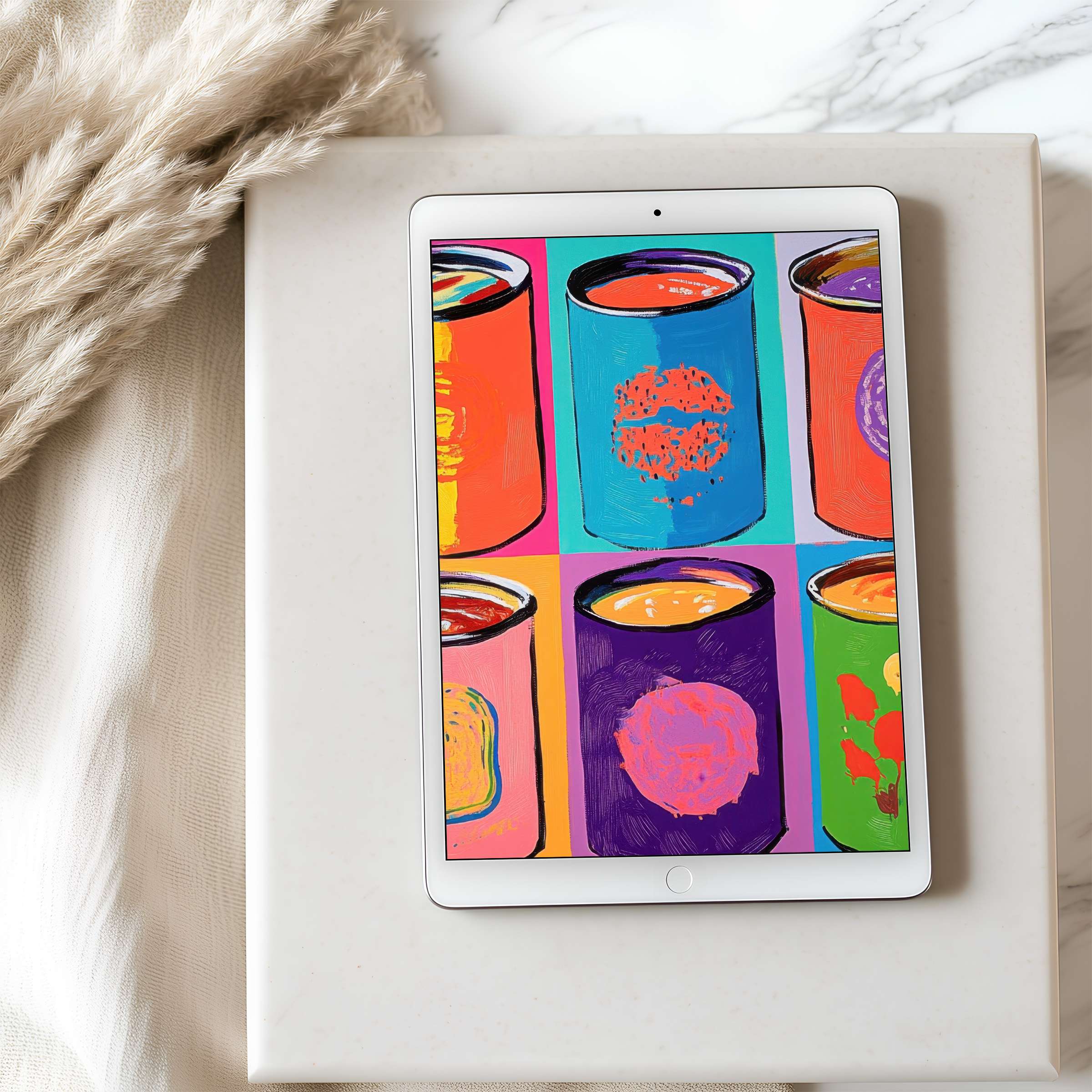 Vibrant pop-art tablet wallpaper featuring colorful cans, set in an elegant, serene space, perfect for iPad or Android tablets