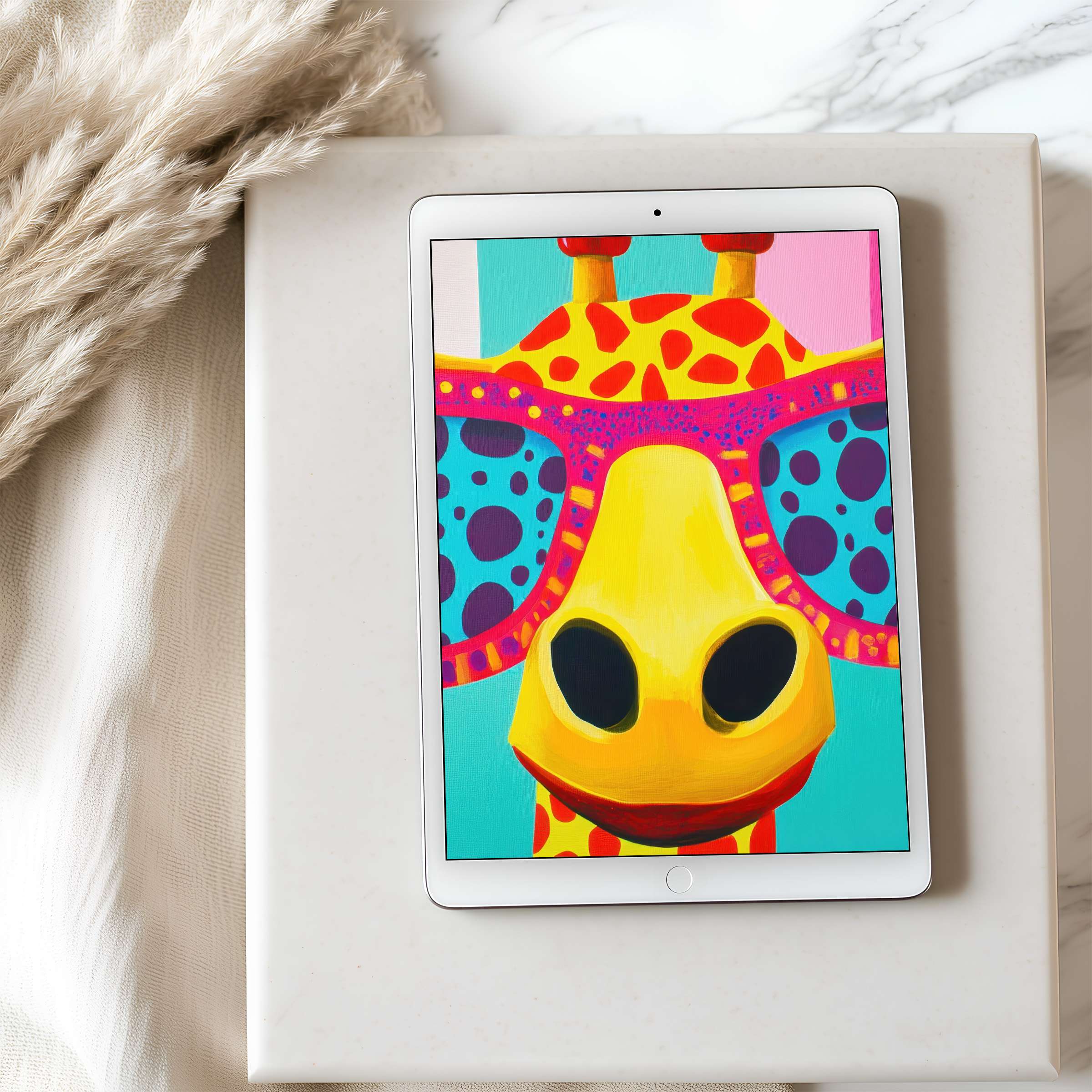 Vibrant giraffe in artistic sunglasses on tablet wallpaper adds playful elegance to any iPad setting high-resolution digital download