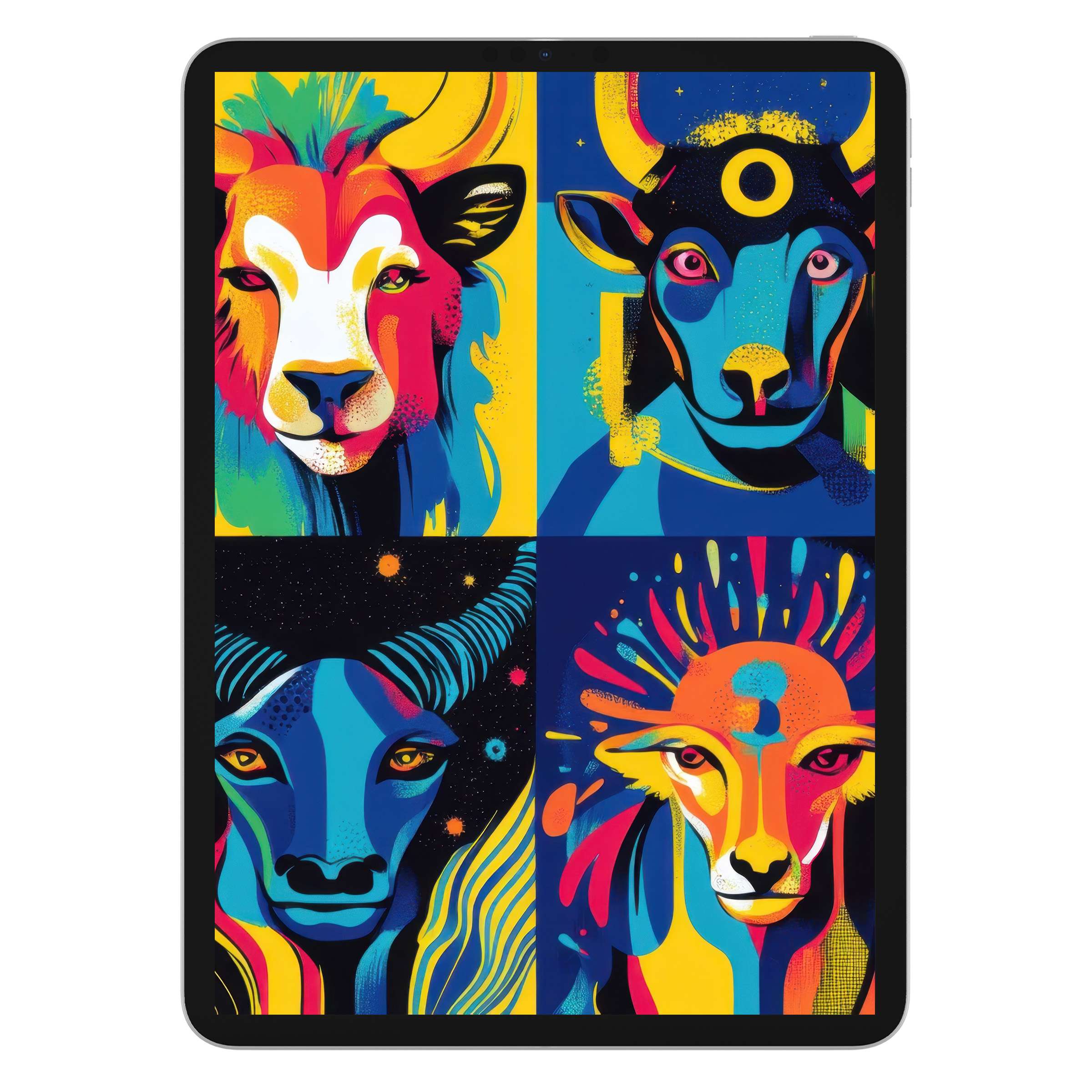 Vibrant pop art iPad wallpaper featuring colorful animal designs, perfect digital download for creating a stunning tablet background