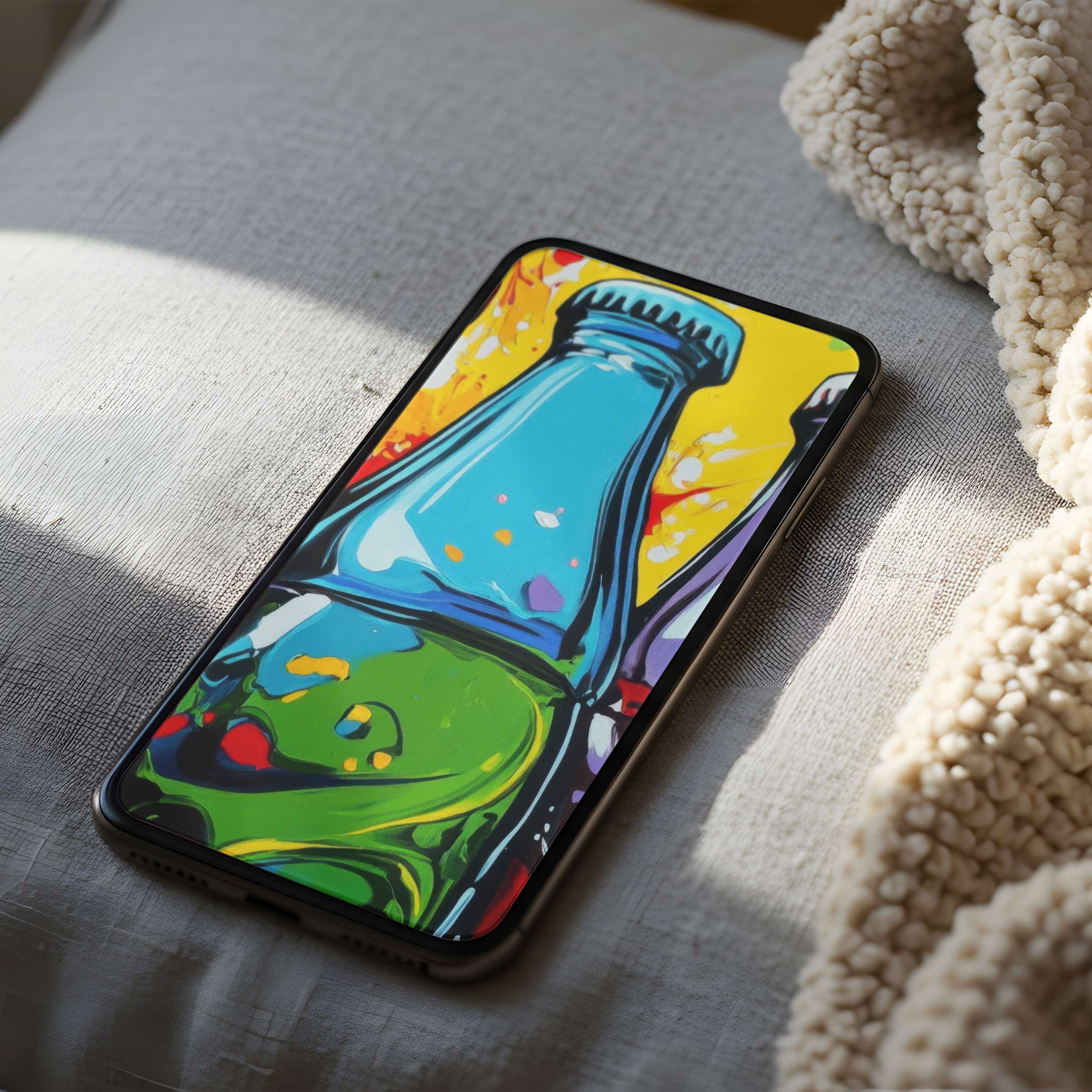 Colorful abstract bottle design phone wallpaper for iPhone and Android offering high resolution digital download in serene setting