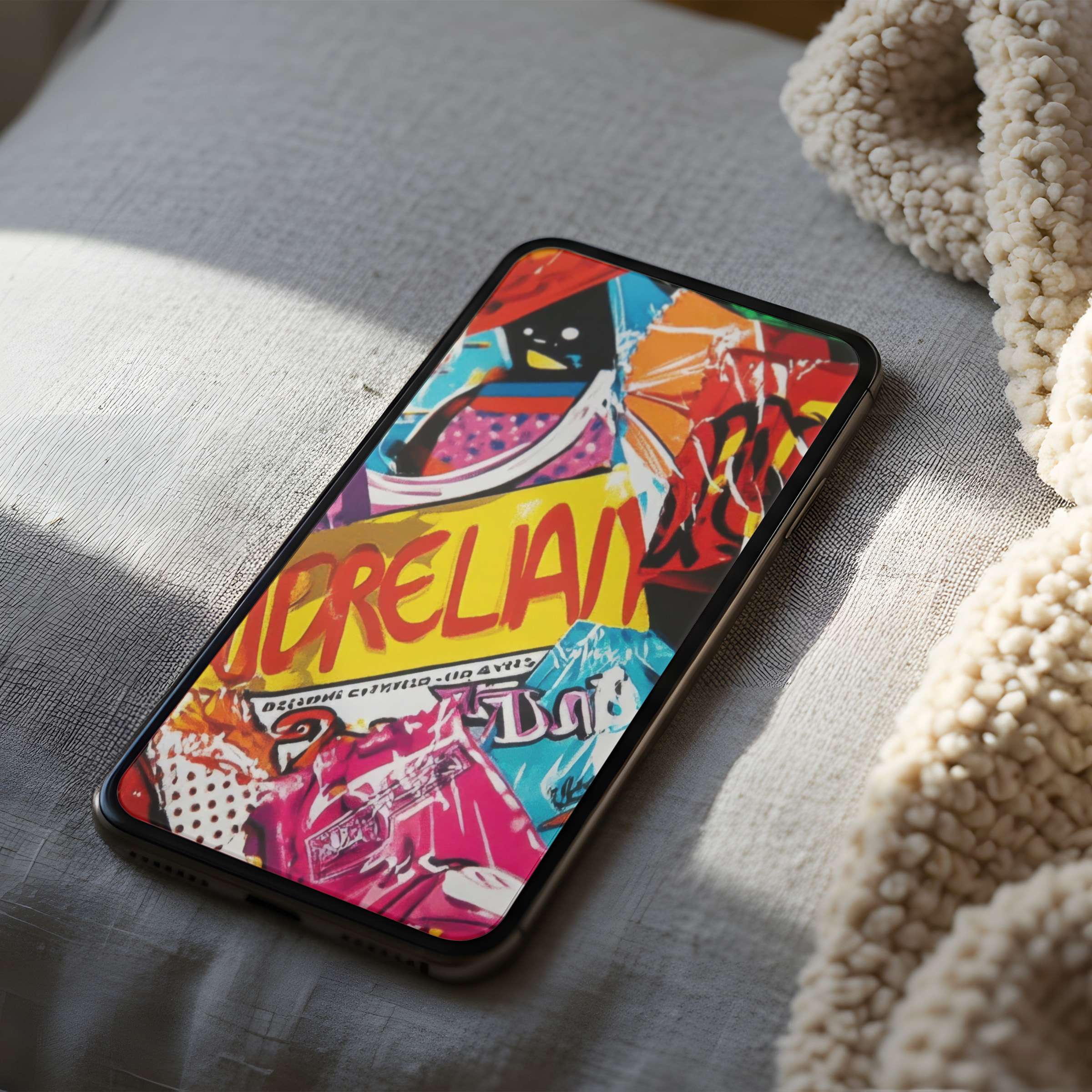 Colorful and modern collage phone wallpaper in high resolution on a cozy surface enhances both iPhone and Android aesthetics