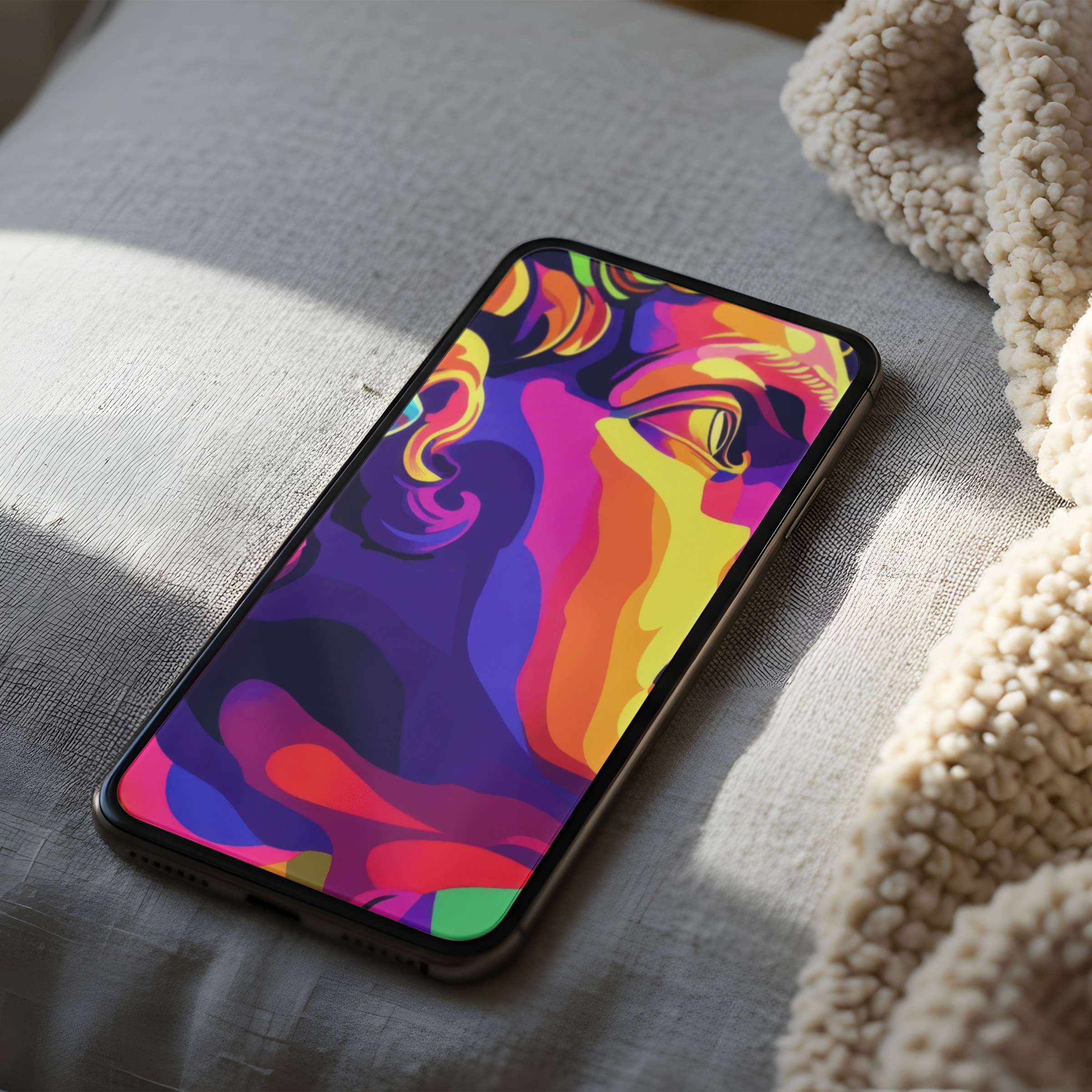 Vivid abstract art phone wallpaper featuring bold, colorful forms on a cozy linen background suitable for iPhone and Android users