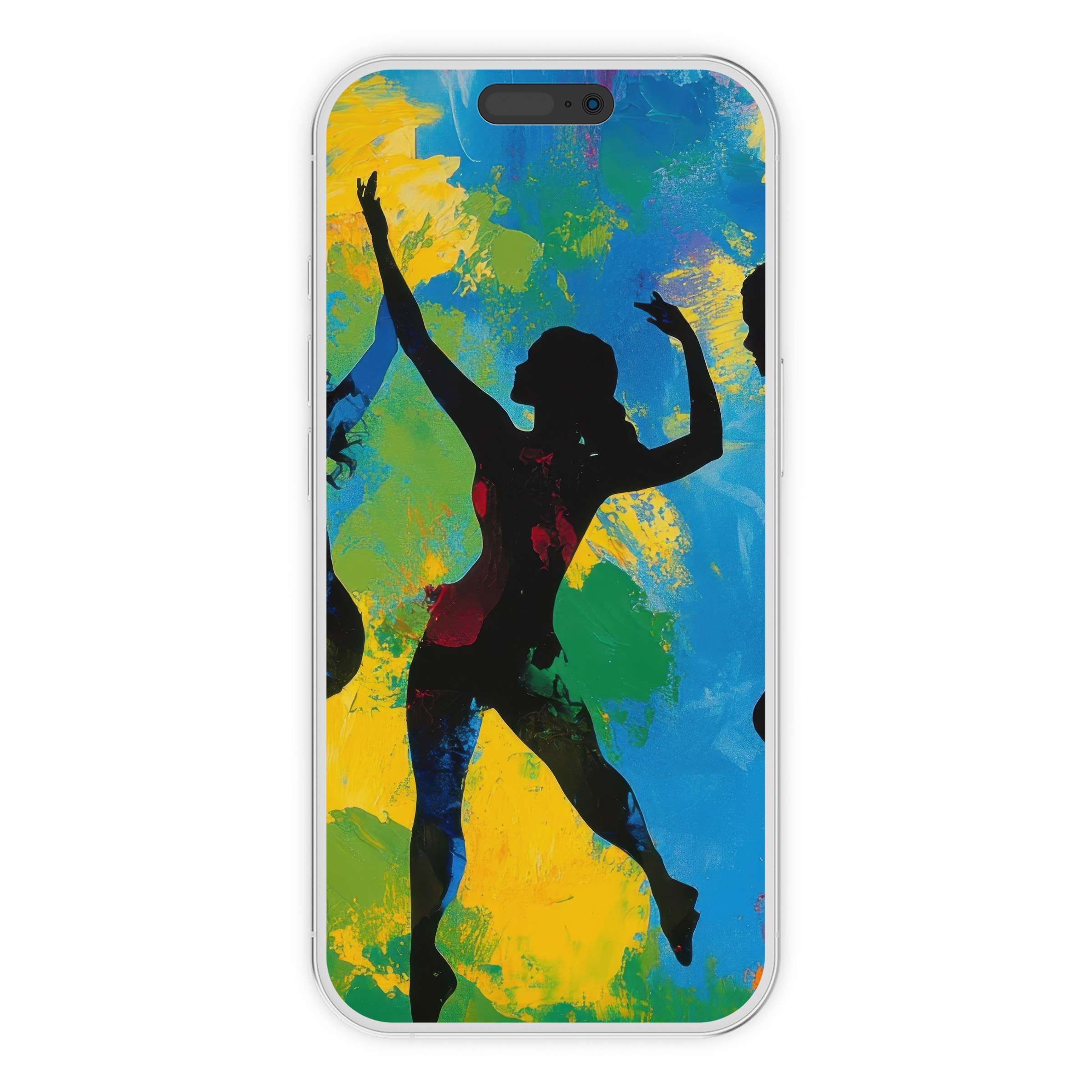 Vibrant pop art iPhone wallpaper featuring dancers silhouetted against a colorful abstract background perfect for phone digital download