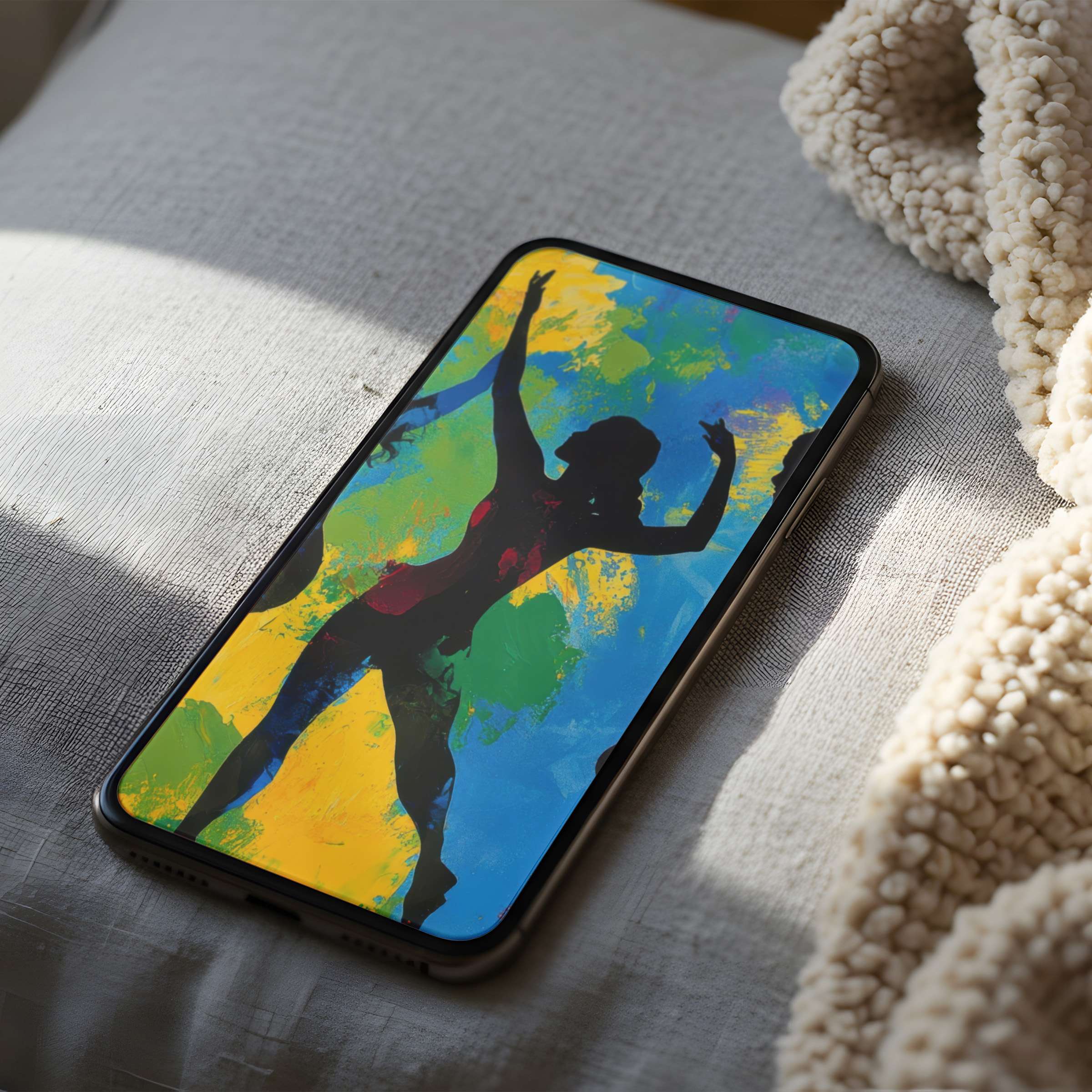 Colorful abstract silhouette art on a phone wallpaper blends elegance with tranquility suitable for iPhone or Android digital download