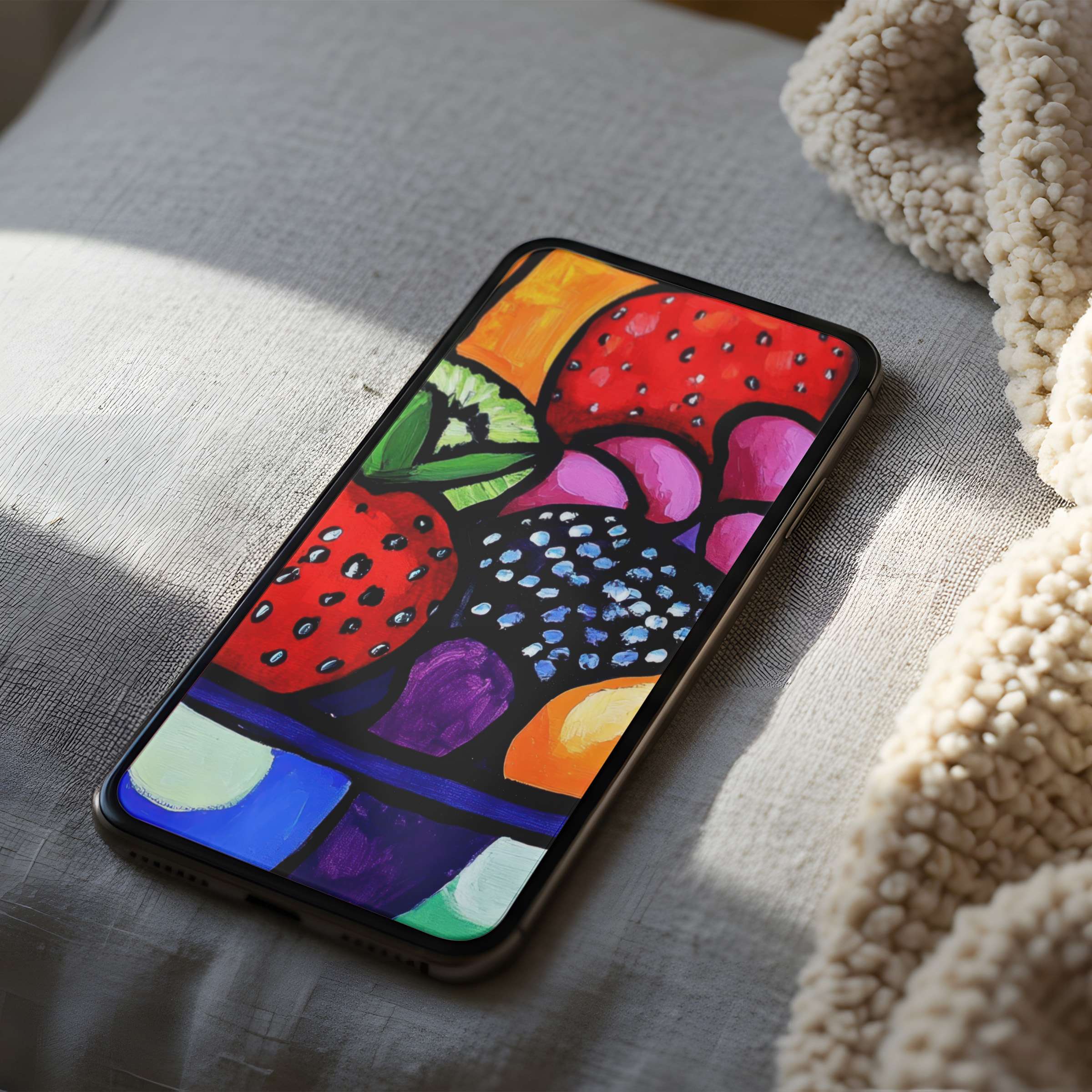 Vibrant phone wallpaper featuring bold fruit motifs in a cozy setting offers high resolution and calming elegance for digital download