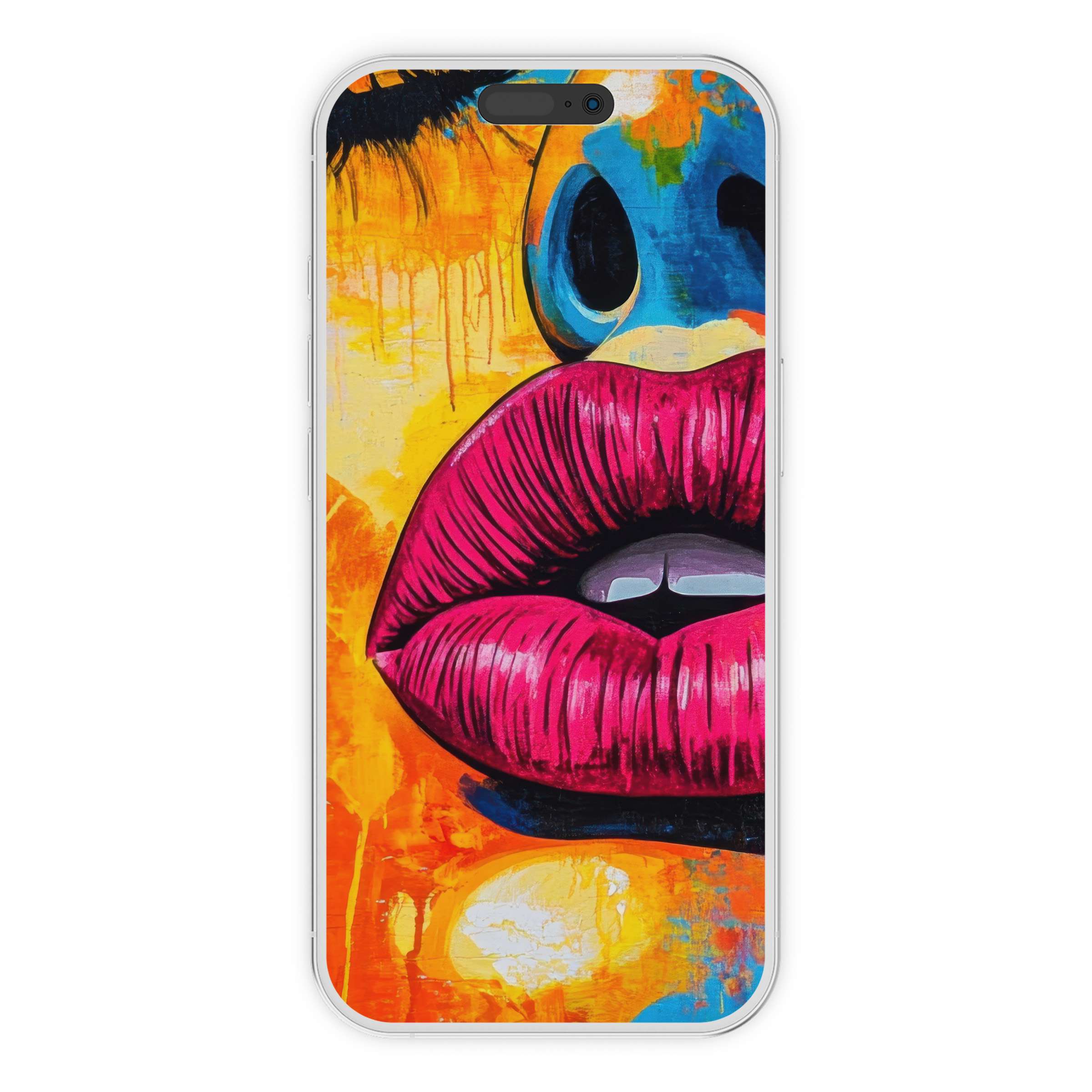 Vibrant pop art iPhone wallpaper with bold lips on a colorful abstract background, ideal digital download for phone elegance