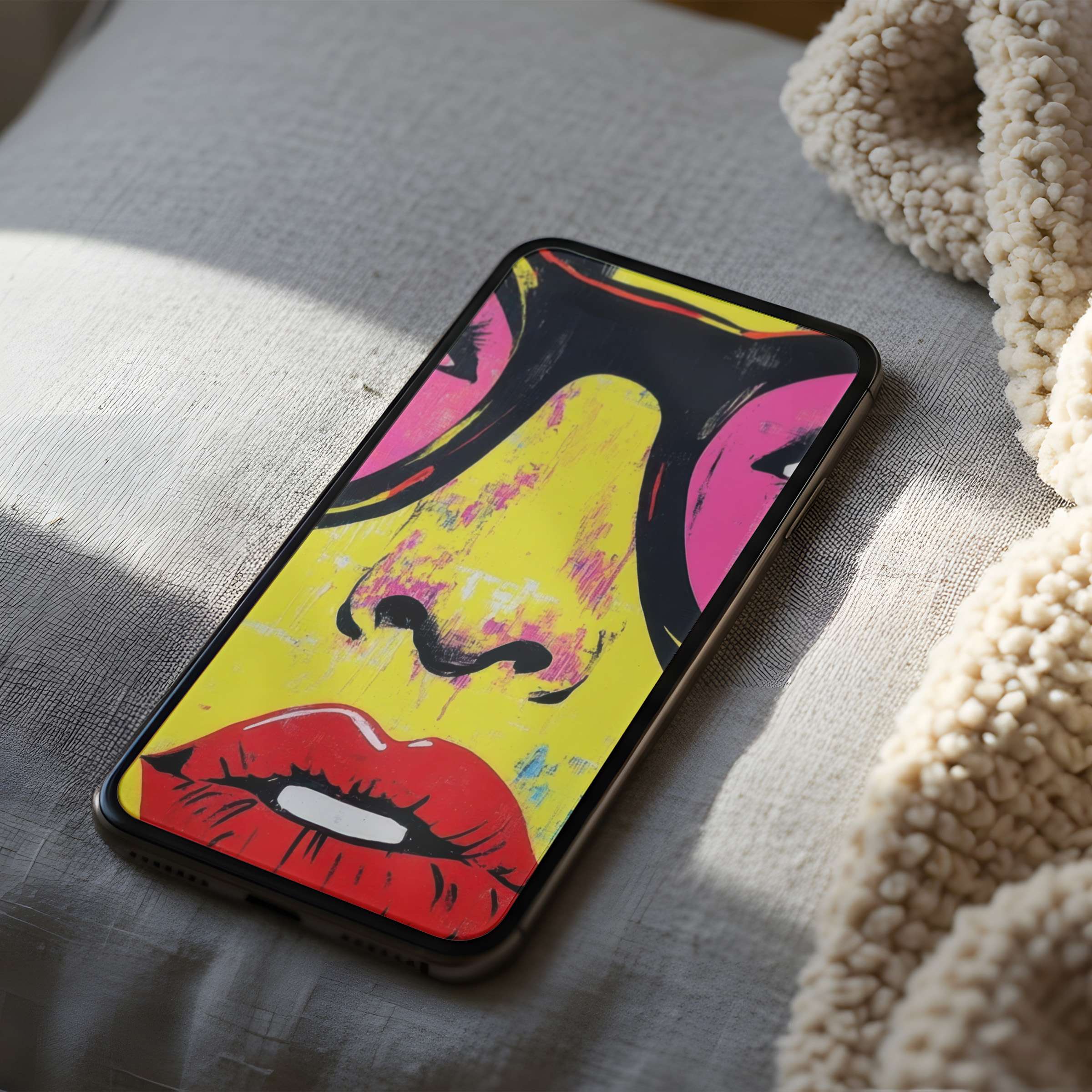 Vibrant pop art face in high resolution phone wallpaper enhances your iPhone or Android, offering a stylish digital download for tranquility