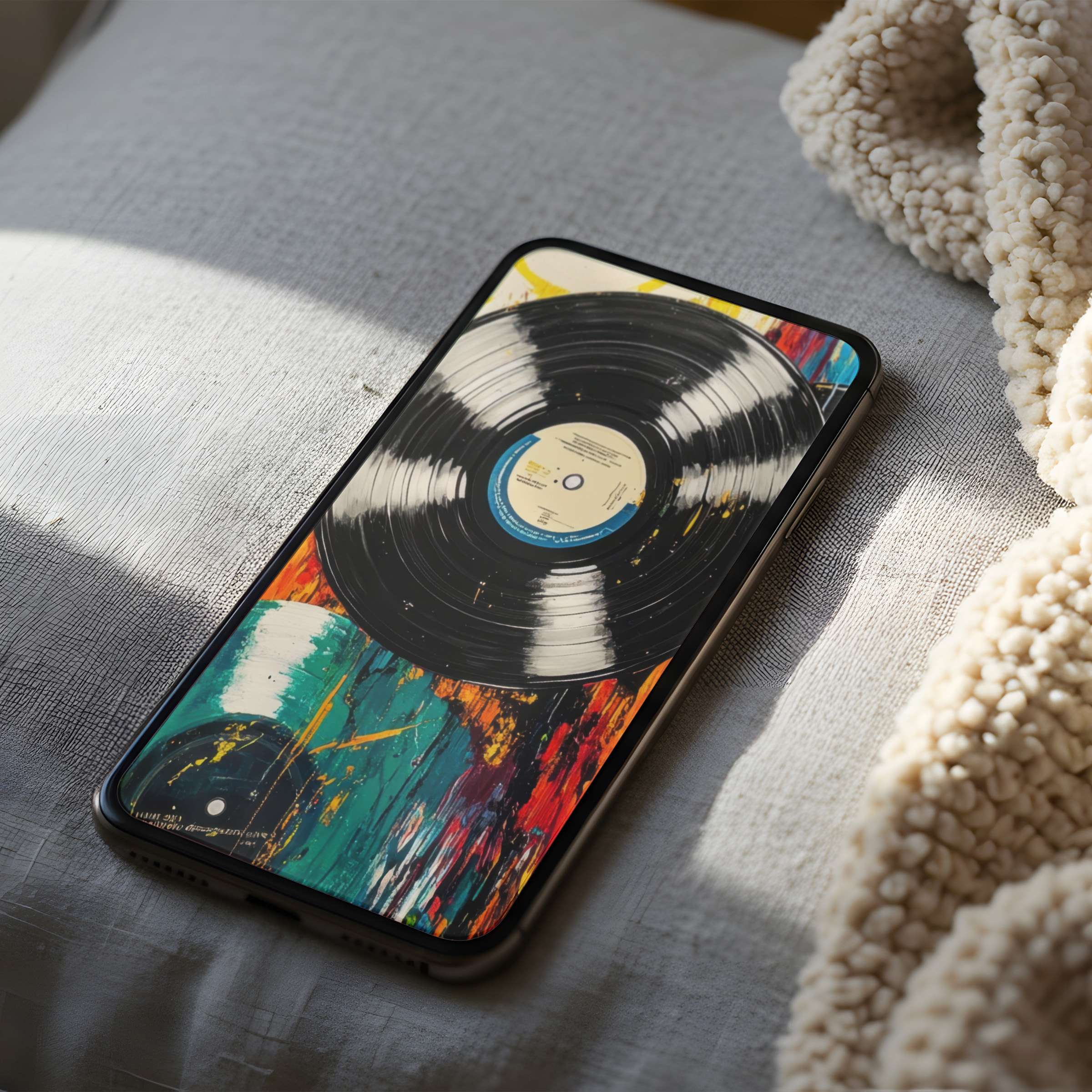 Colorful vinyl record phone wallpaper adds artistic elegance to your iPhone or Android, offering a high-resolution, calming digital download