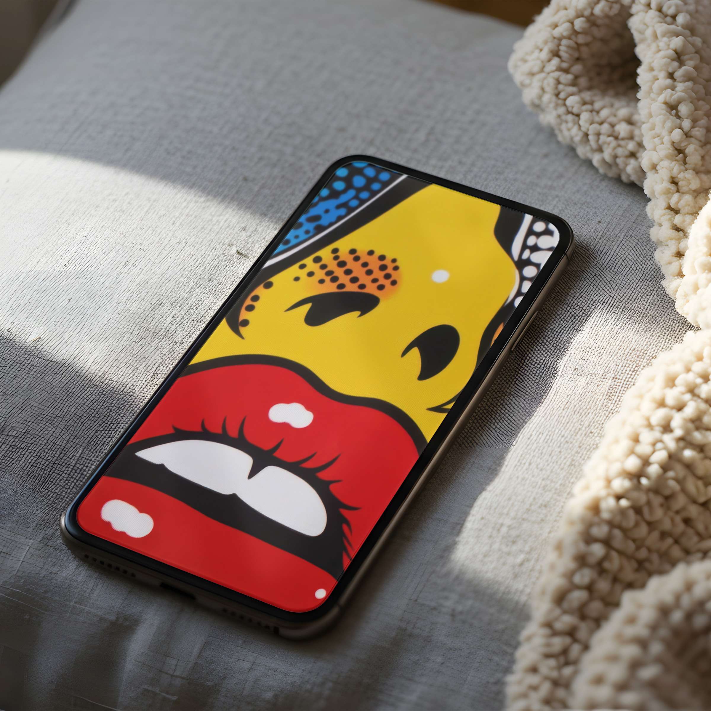 Pop art phone wallpaper with bold red lips and vibrant yellow face offers high resolution for iPhone and Android users seeking style